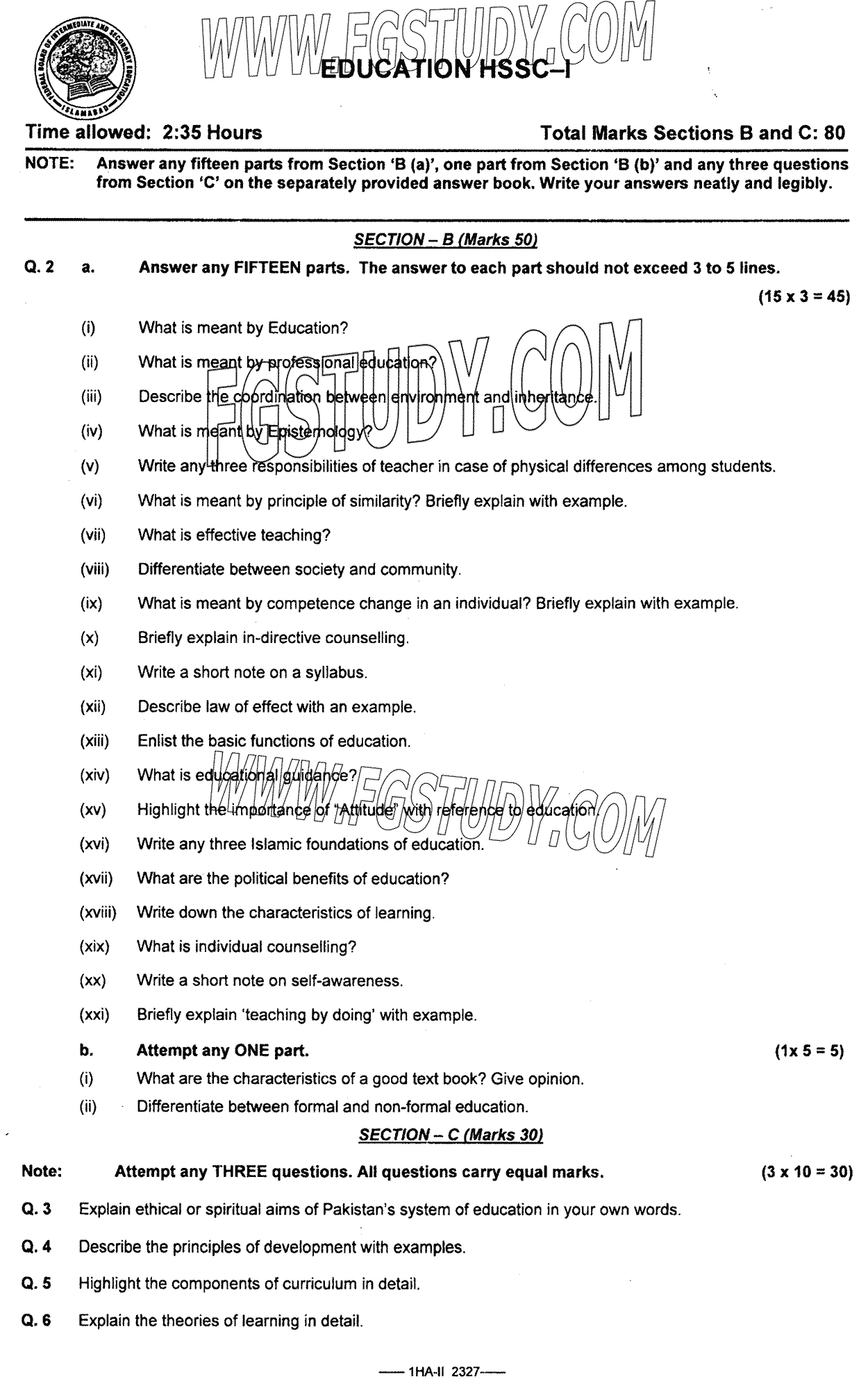 11th Class Education Past Paper 2023 Federal Board Islamabad Subjective