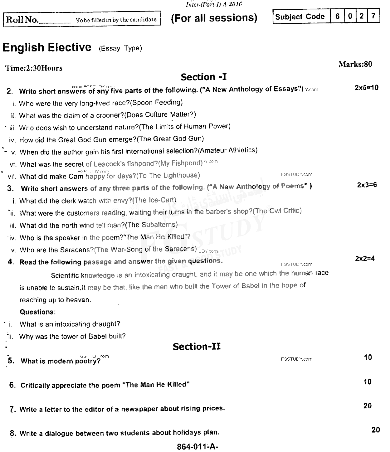 11th Class English Elective Past Paper 2016 Rawalpindi Board Subjective
