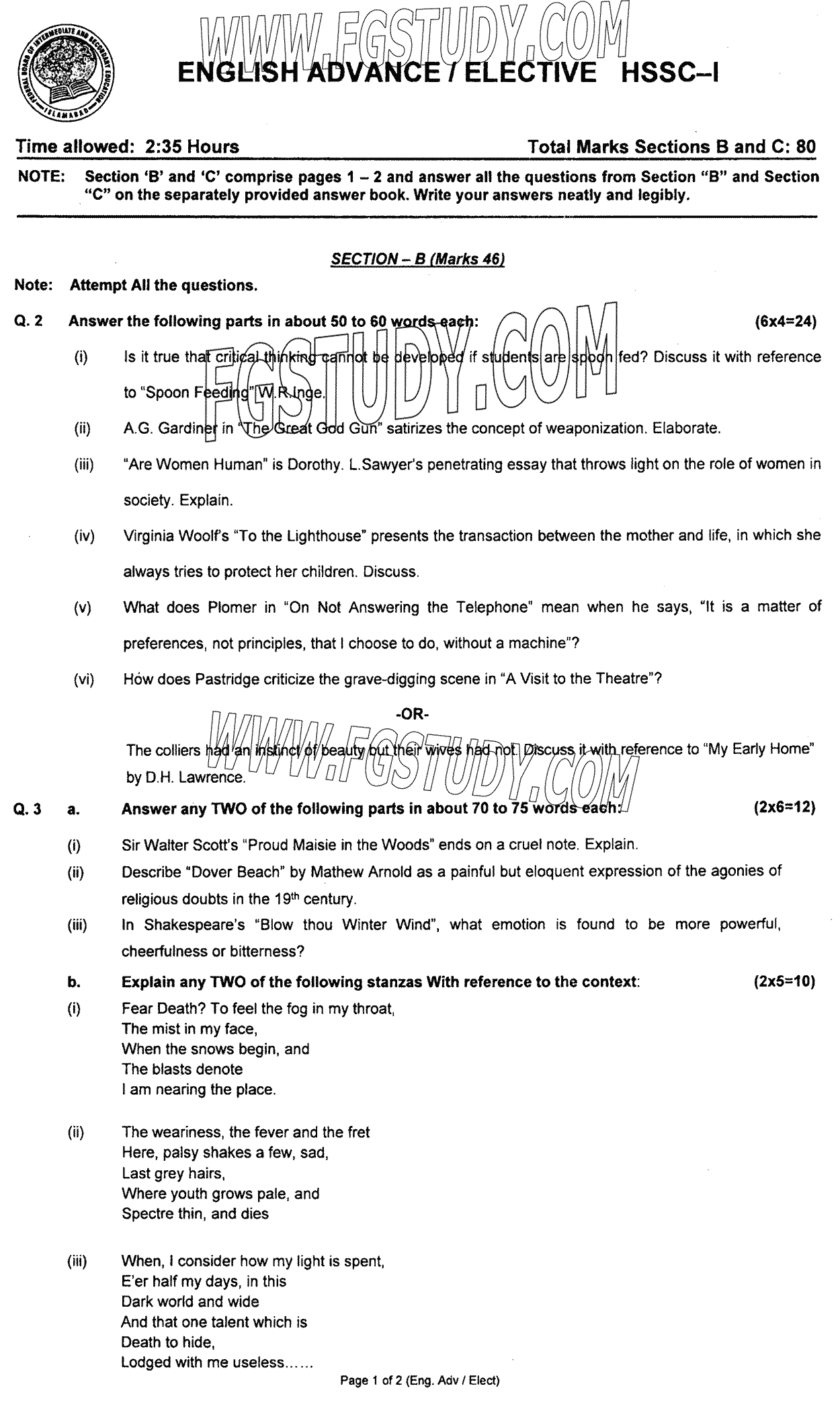 11th Class English Elective Past Paper 2023 Federal Board Islamabad Subjective