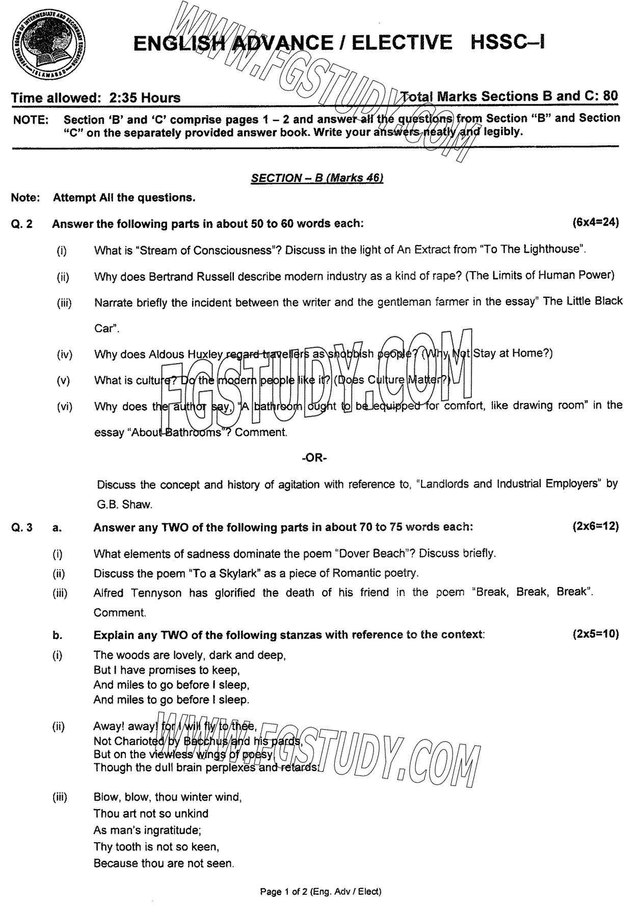 11th Class English Elective Past Paper 2024 Federal Board Islamabad Subjective