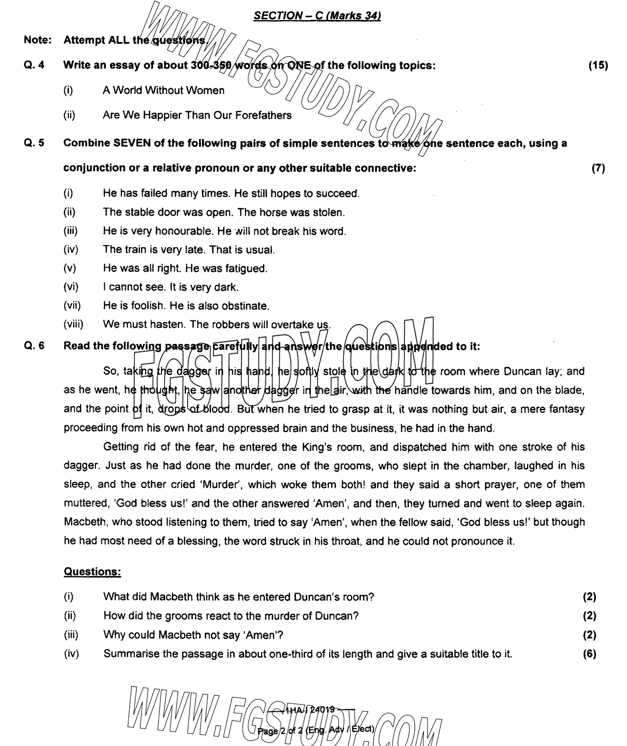 11th Class English Elective Past Paper 2024 Federal Board Islamabad Subjective