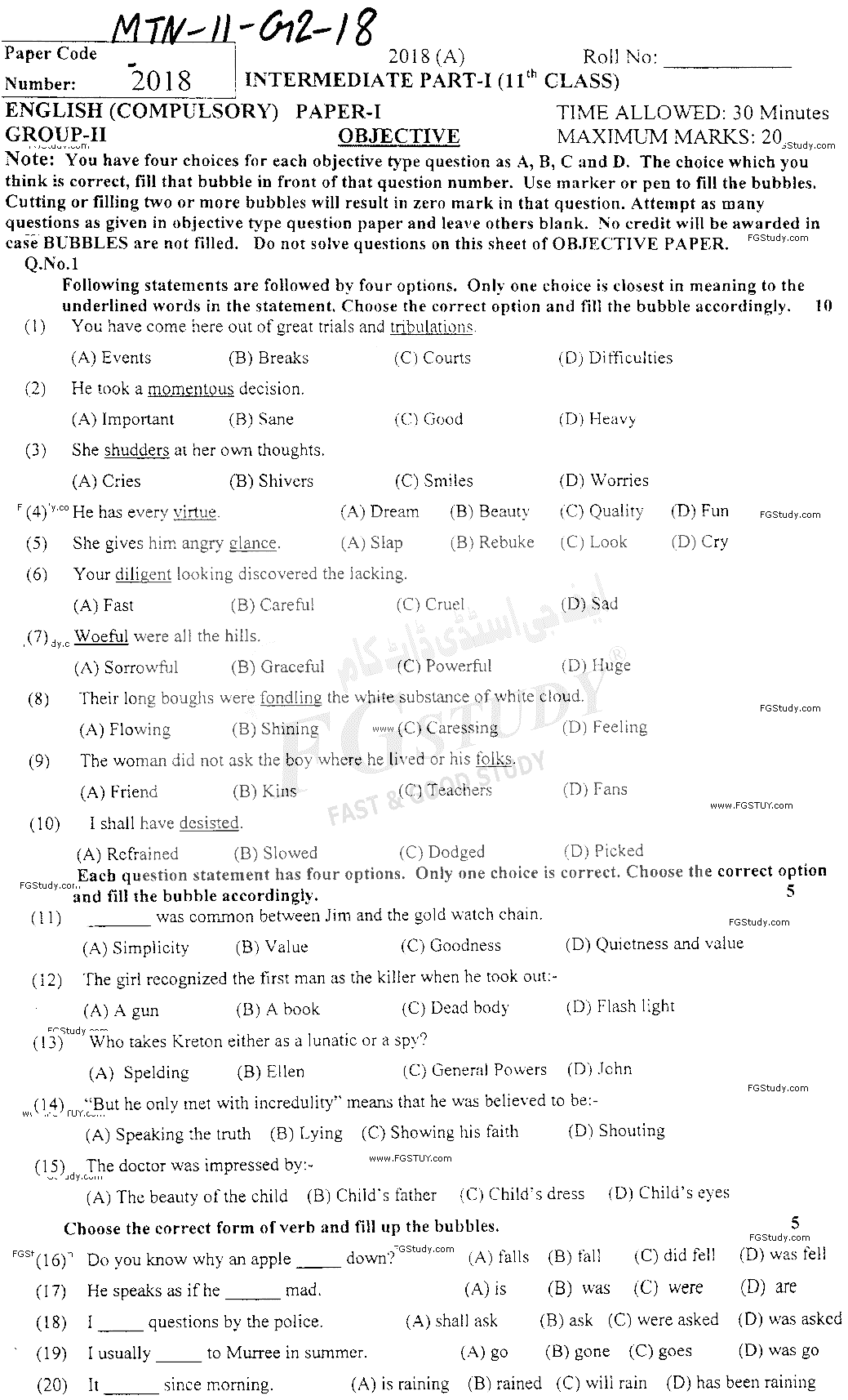 11th Class English Past Paper 2018 Multan Board Group 2 Objective
