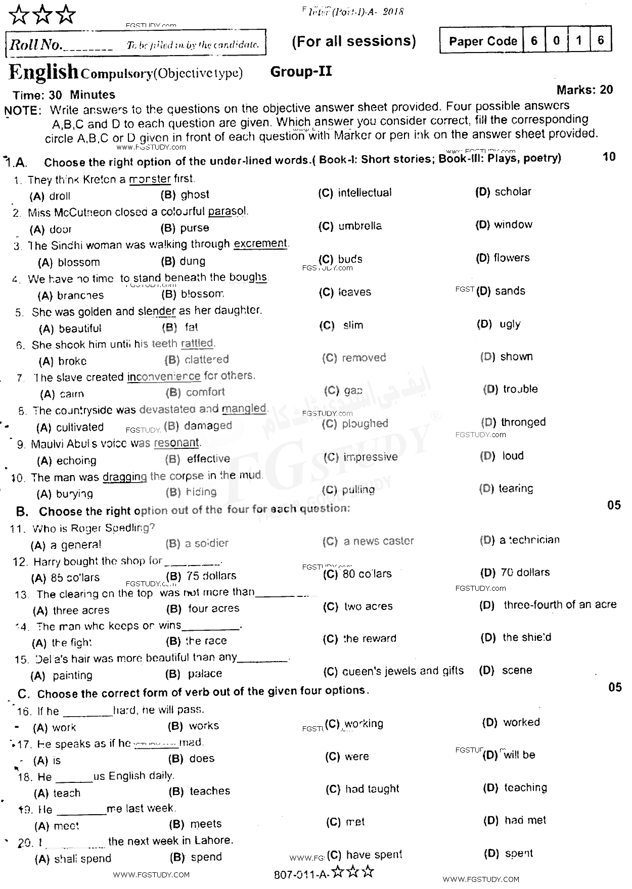 11th Class English Past Paper 2018 Rawalpindi Board Group 2 Objective