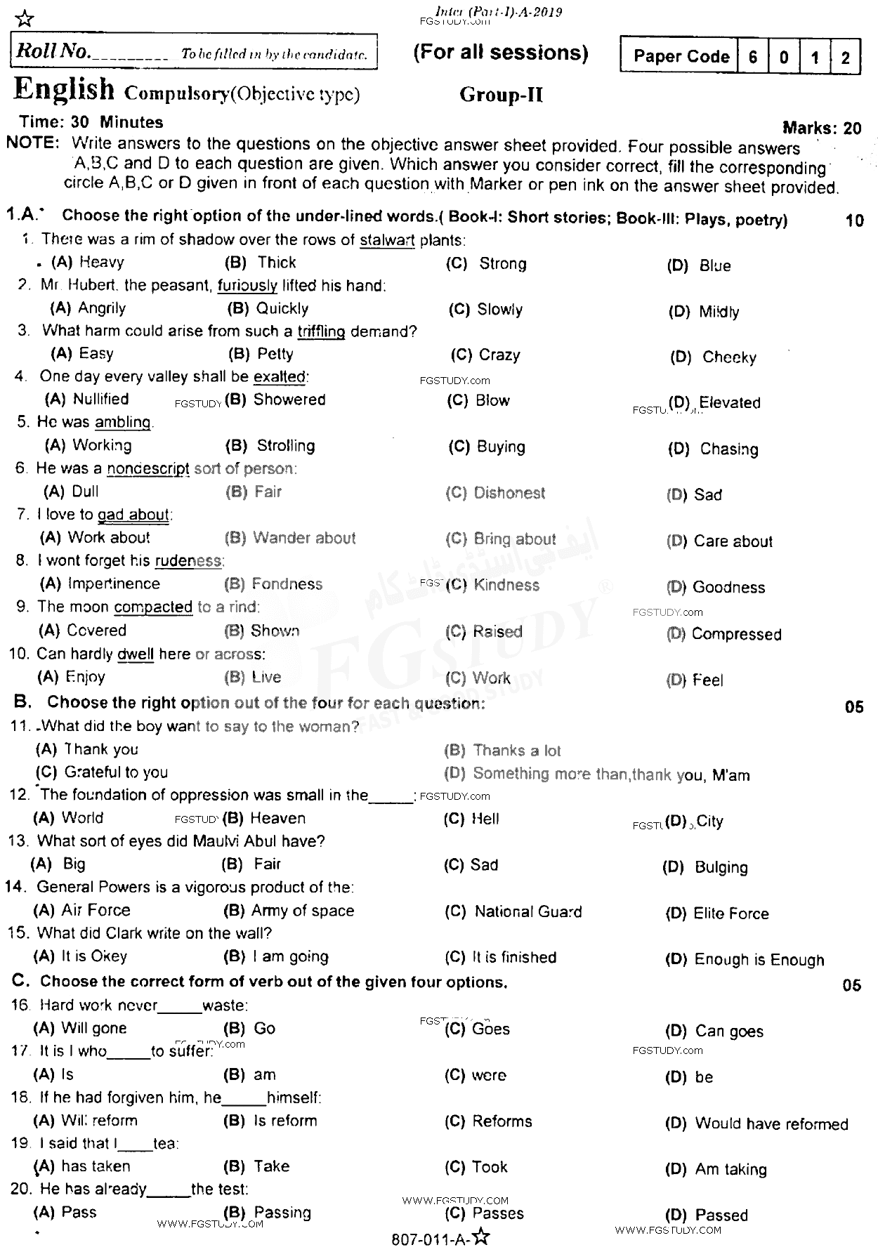 11th Class English Past Paper 2019 Rawalpindi Board Group 2 Objective