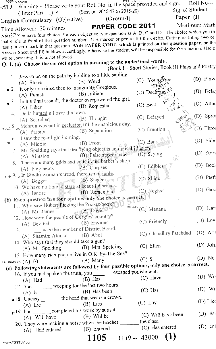 11th Class English Past Paper 2019 Sargodha Board Group 1 Objective