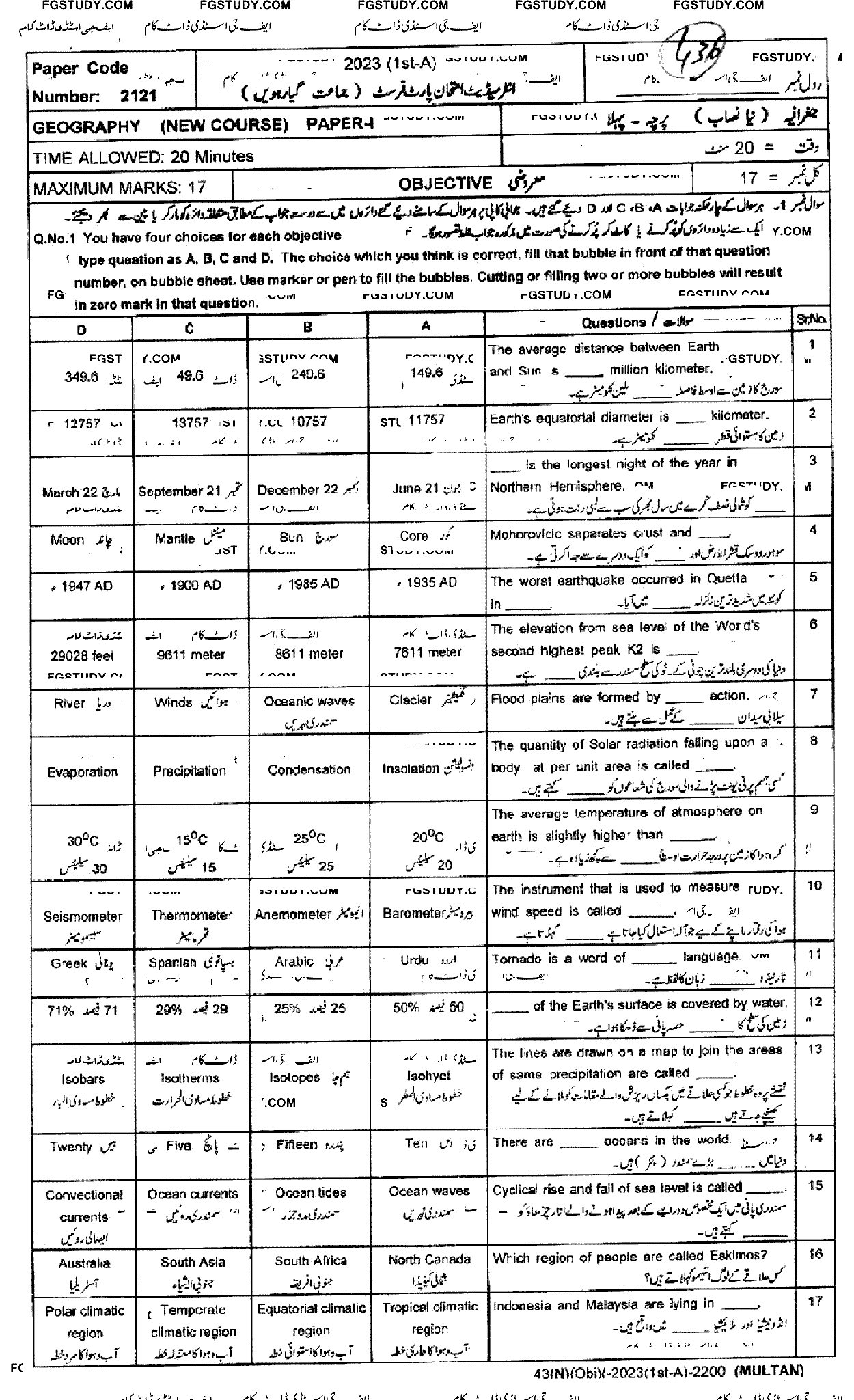 11th Class Geography Past Paper 2023 Multan Board Objective