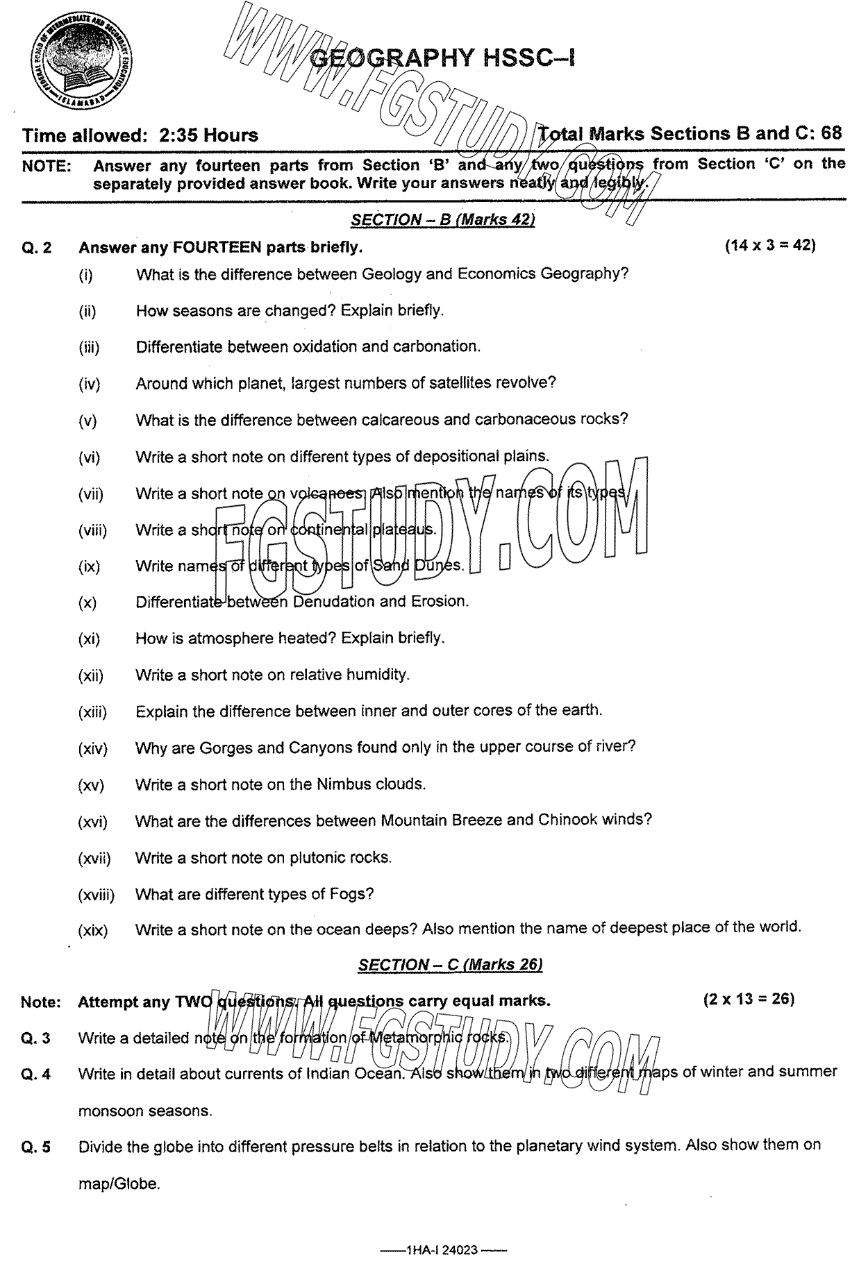 11th Class Geography Past Paper 2024 Federal Board Islamabad Subjective