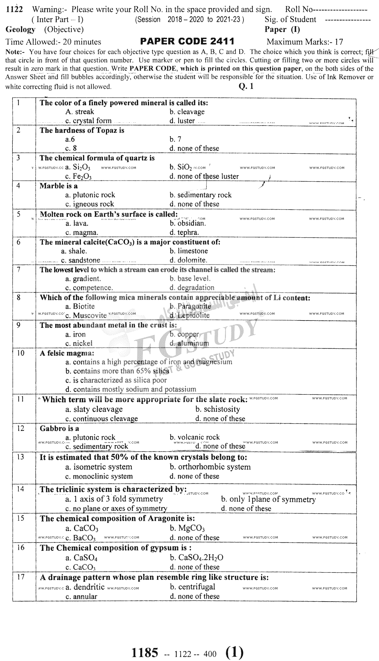 11th Class Geology Past Paper 2022 Sargodha Board Objective