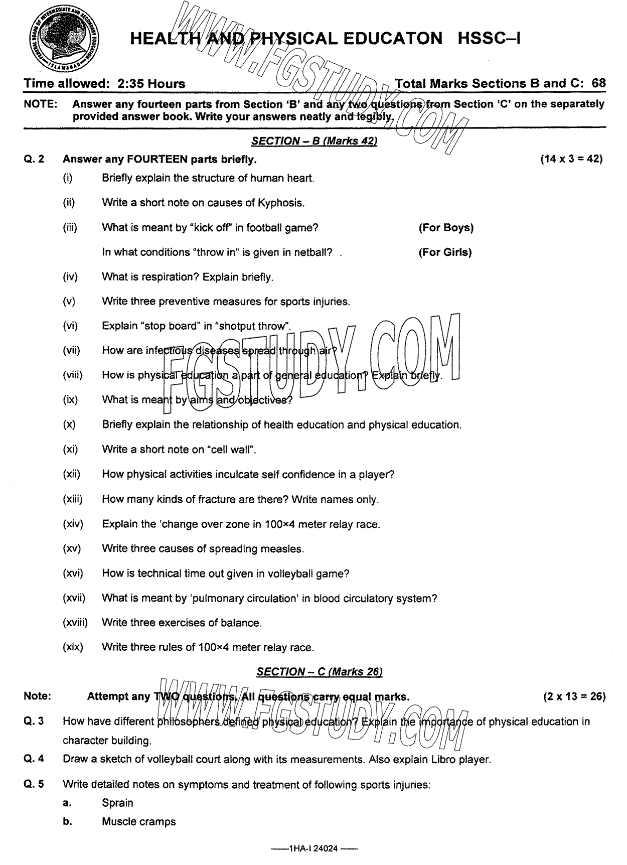 11th Class Health And Physical Education Past Paper 2024 Federal Board Islamabad Subjective