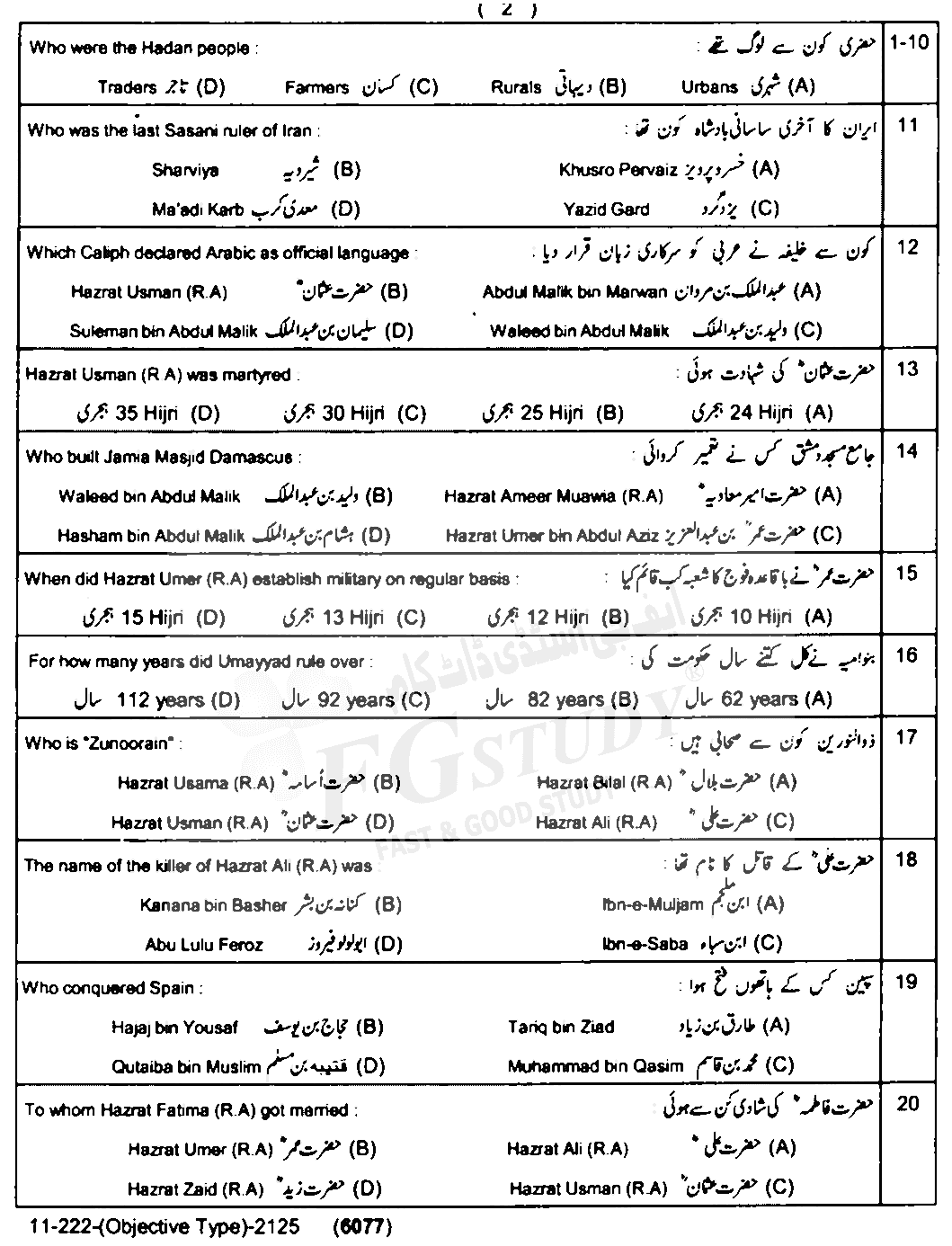 11th Class History Of Islam Past Paper 2022 Lahore Board Objective