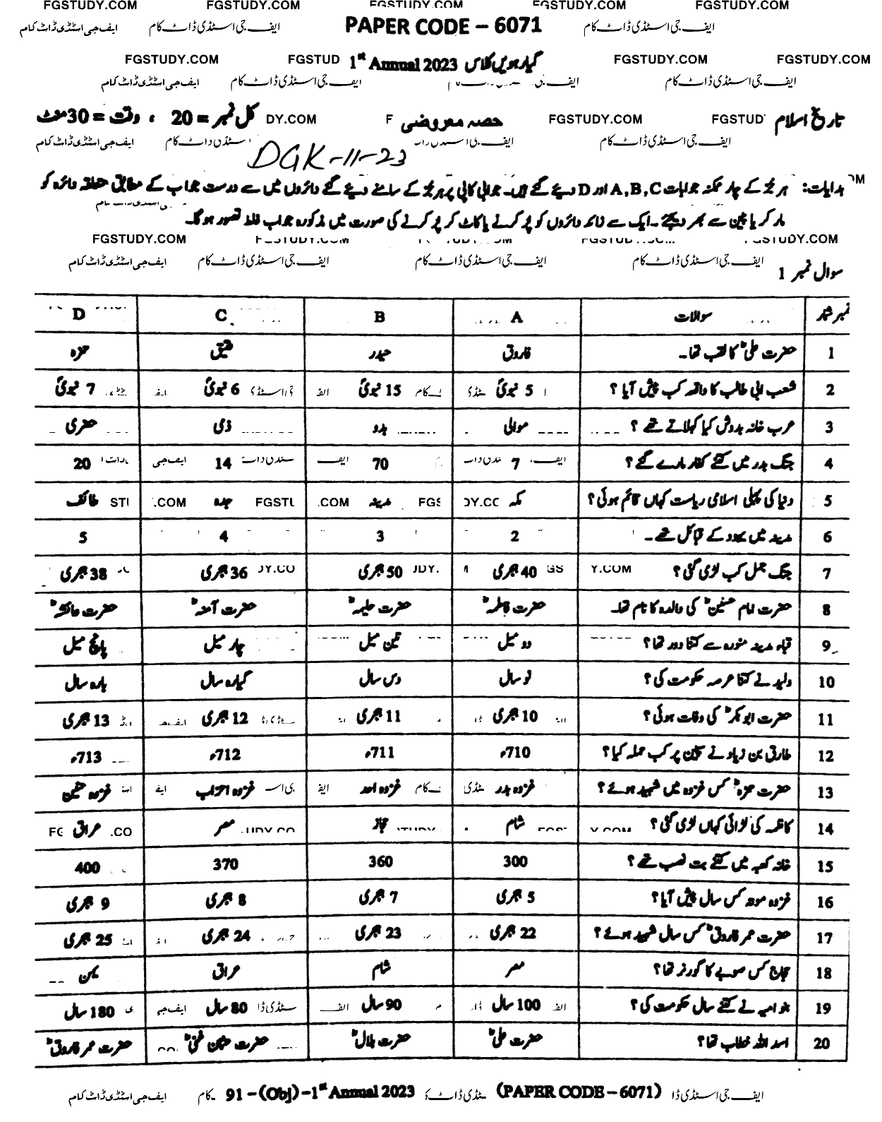 11th Class History Of Islam Past Paper 2023 Dg Khan Board Objective