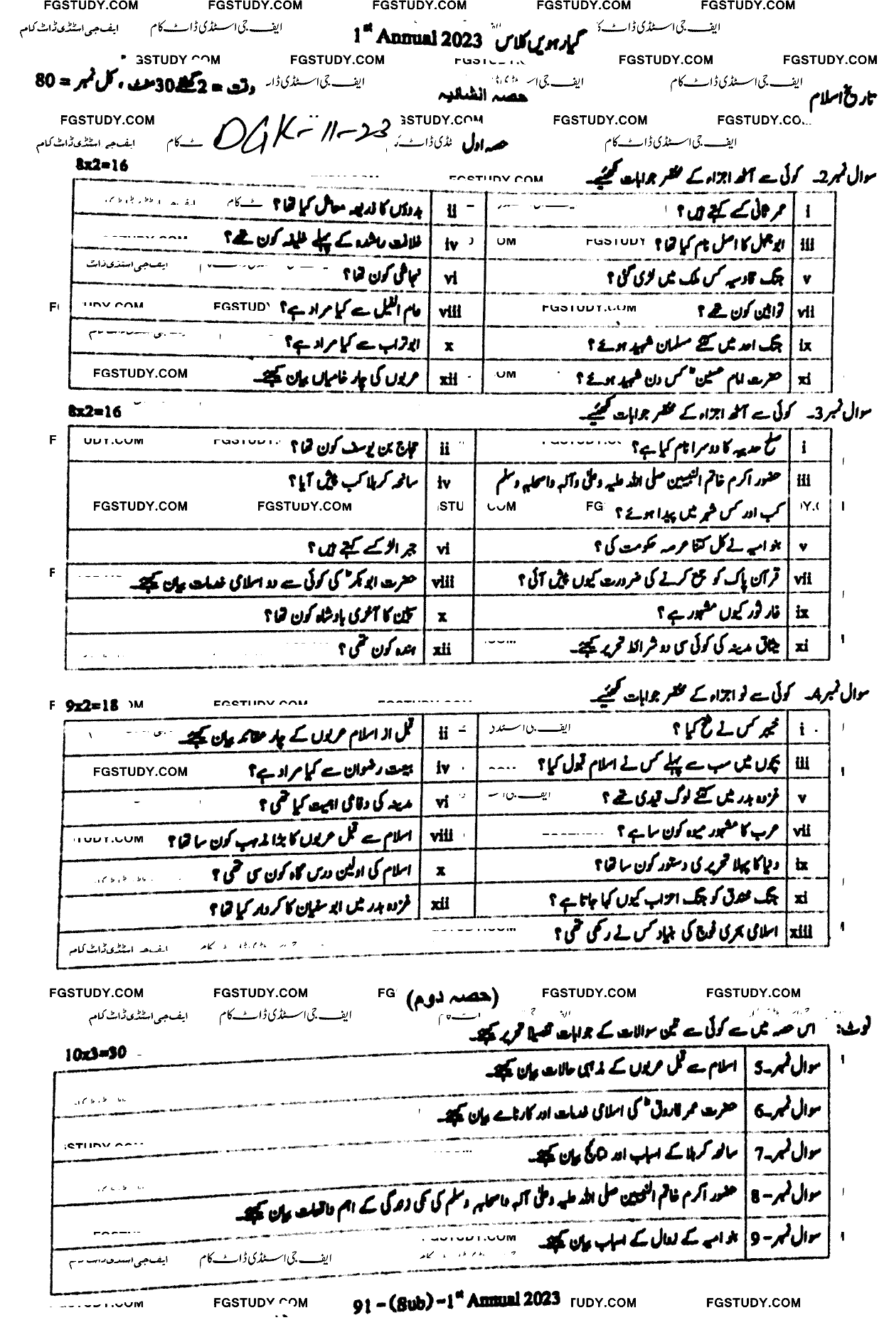 11th Class History Of Islam Past Paper 2023 Dg Khan Board Subjective
