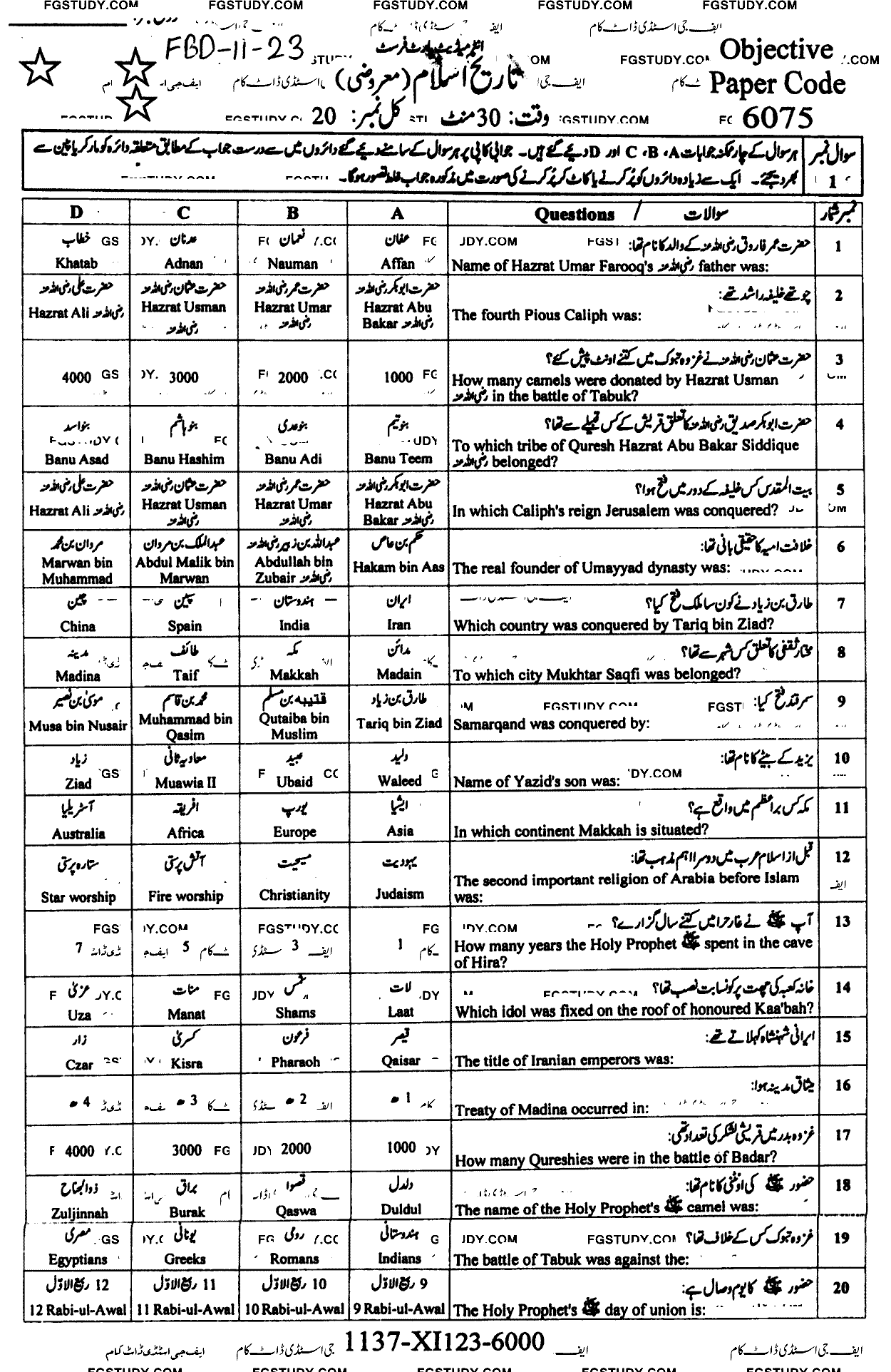 11th Class History Of Islam Past Paper 2023 Faisalabad Board Group 1 Objective