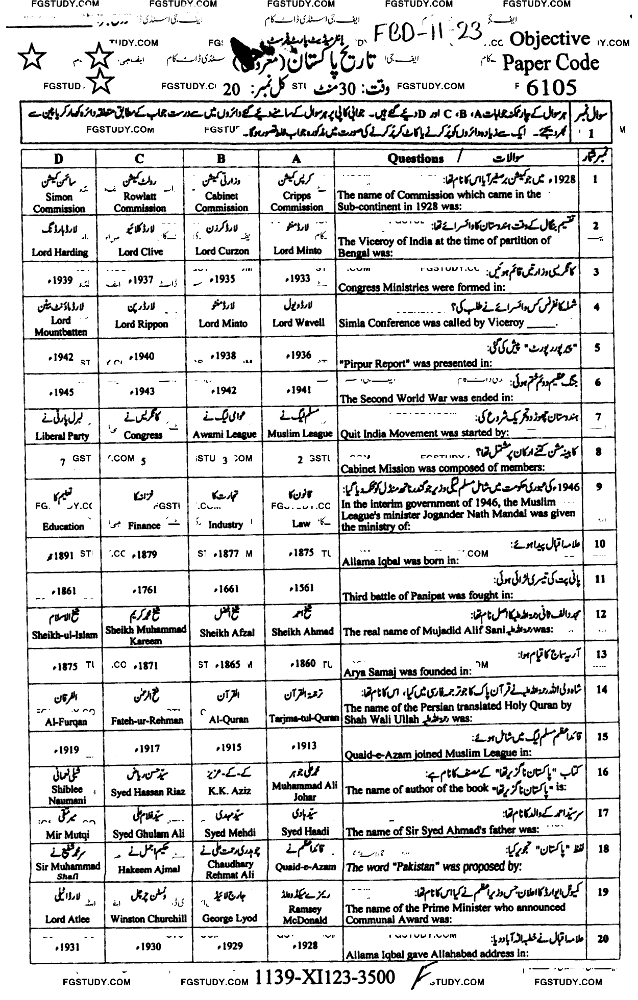 11th Class History Of Pakistan Past Paper 2023 Faisalabad Board Group 1 Objective