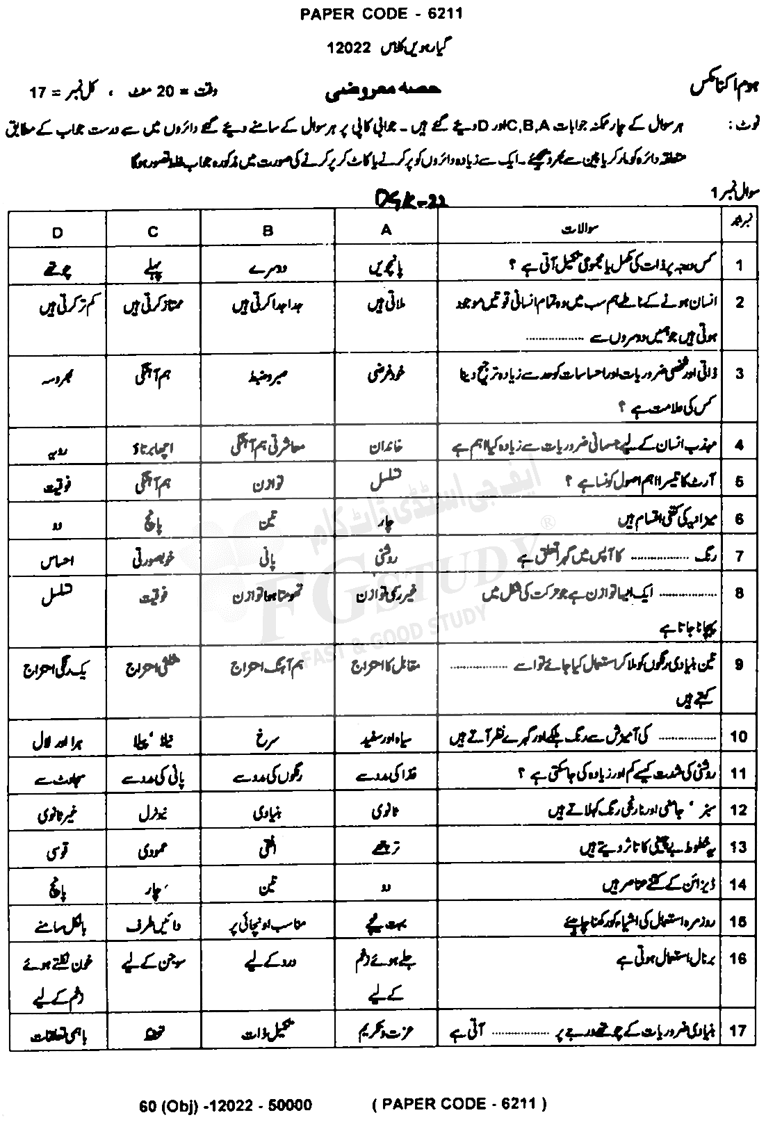 11th Class Home Economics Past Paper 2022 Dg Khan Board Objective