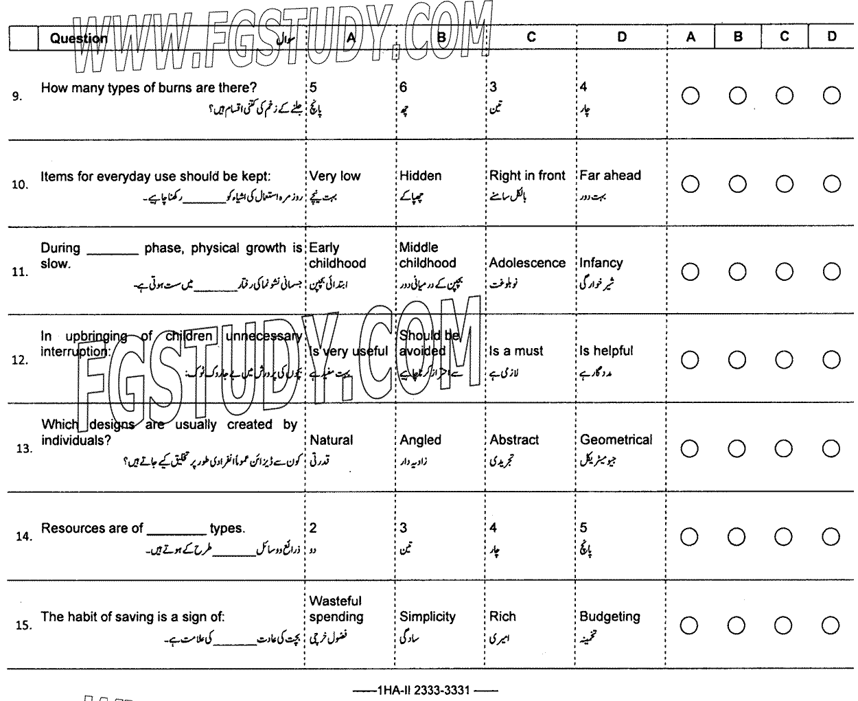 11th Class Home Economics Past Paper 2023 Federal Board Islamabad Objective