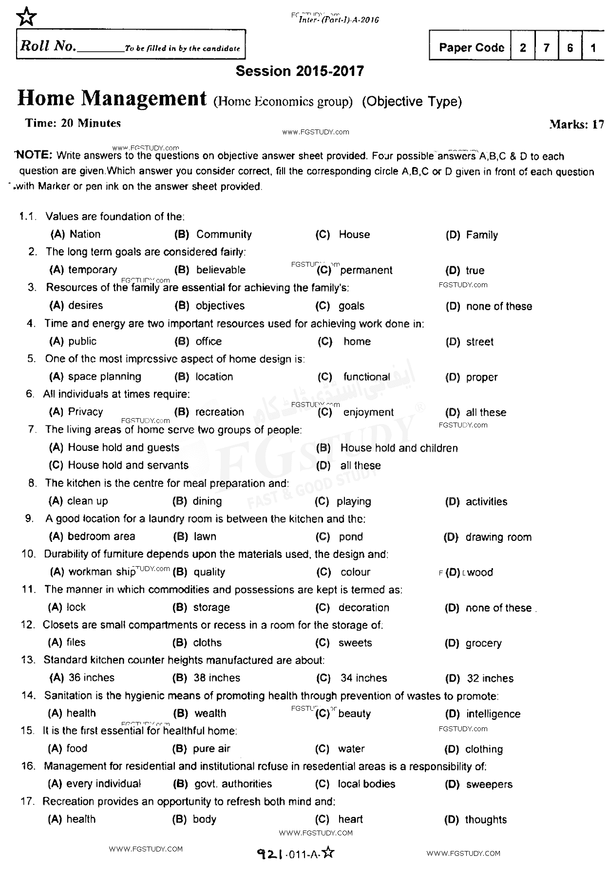 11th Class Home Management Past Paper 2016 Rawalpindi Board Objective