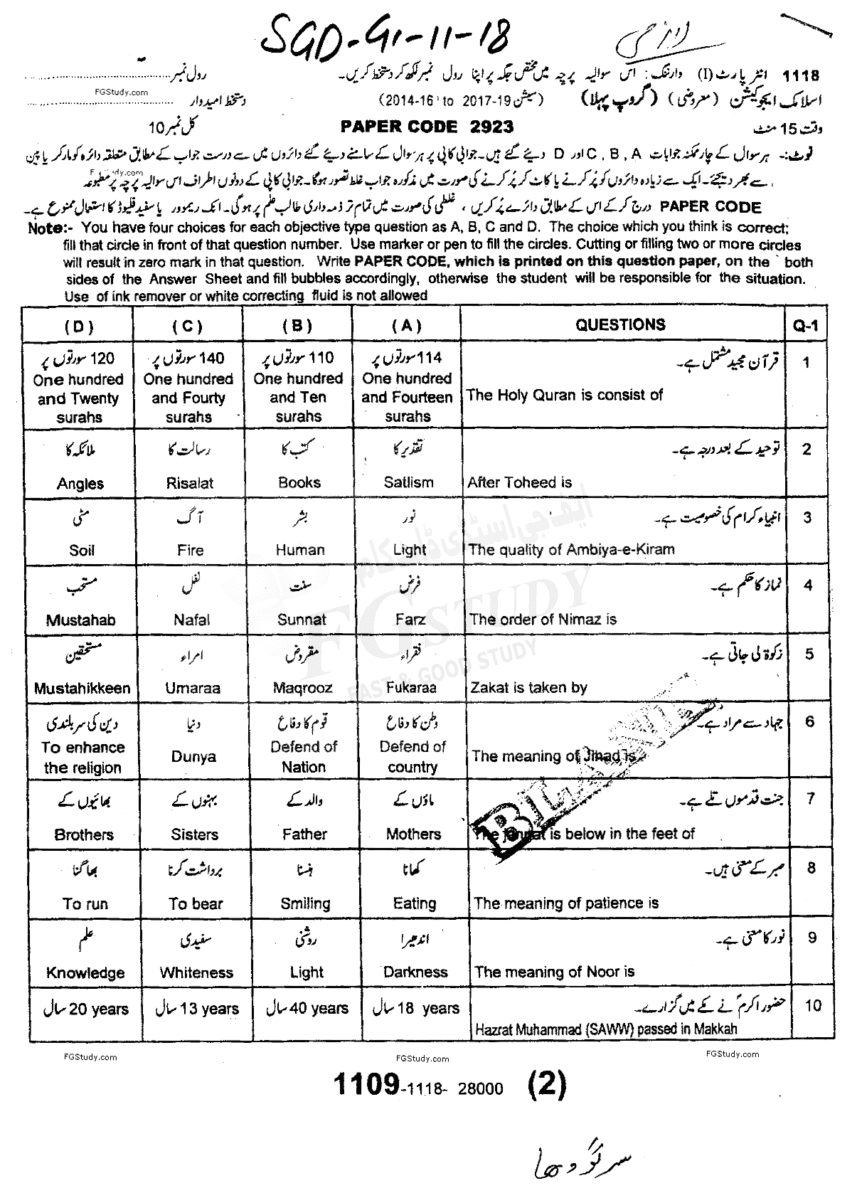11th Class Islamic Education Past Paper 2018 Sargodha Board Group 1 Objective