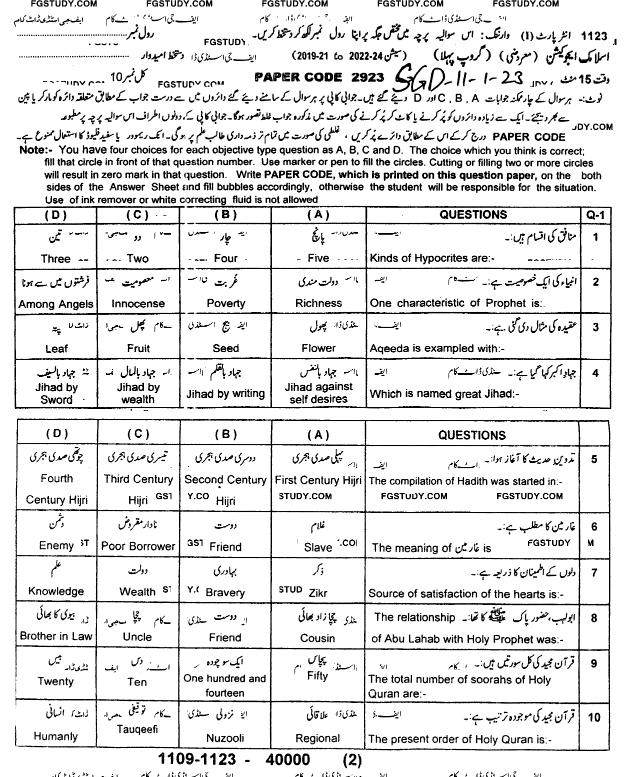 11th Class Islamic Education Past Paper 2023 Sargodha Board Group 1 Objective