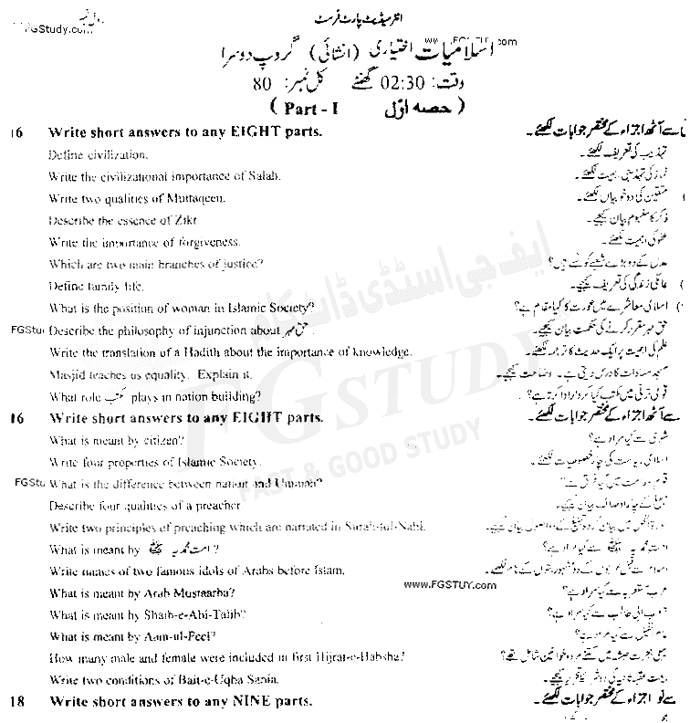 11th Class Islamic Studies Elective Past Paper 2019 Faisalabad Board Group 2 Subjective