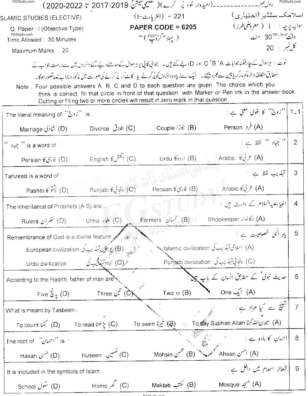 11th Class Islamic Studies Elective Past Paper 2021 Lahore Board Group 1 Objective