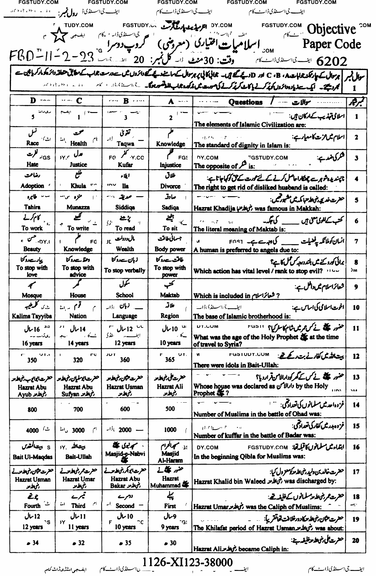 11th Class Islamic Studies Elective Past Paper 2023 Faisalabad Board Group 2 Objective