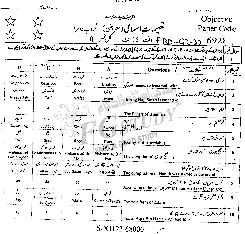 11th Class Islamic Studies Past Paper 2022 Faisalabad Board Group 2 Objective