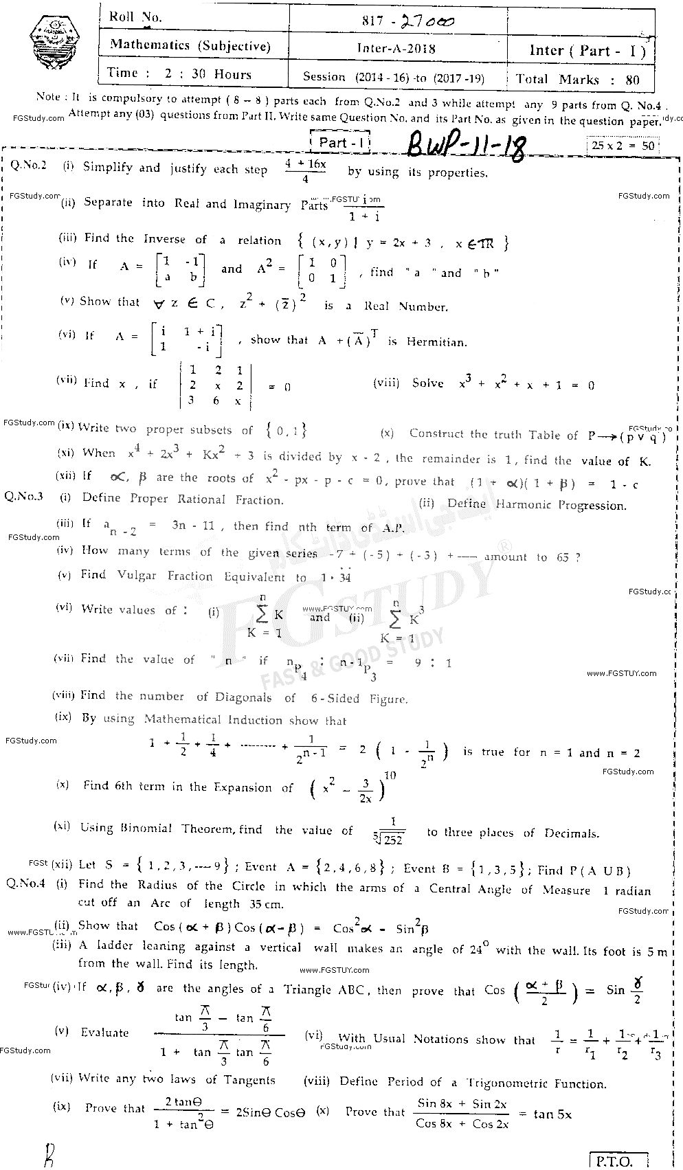 11th Class Mathematics Past Paper 2018 Bahawalpur Board Subjective