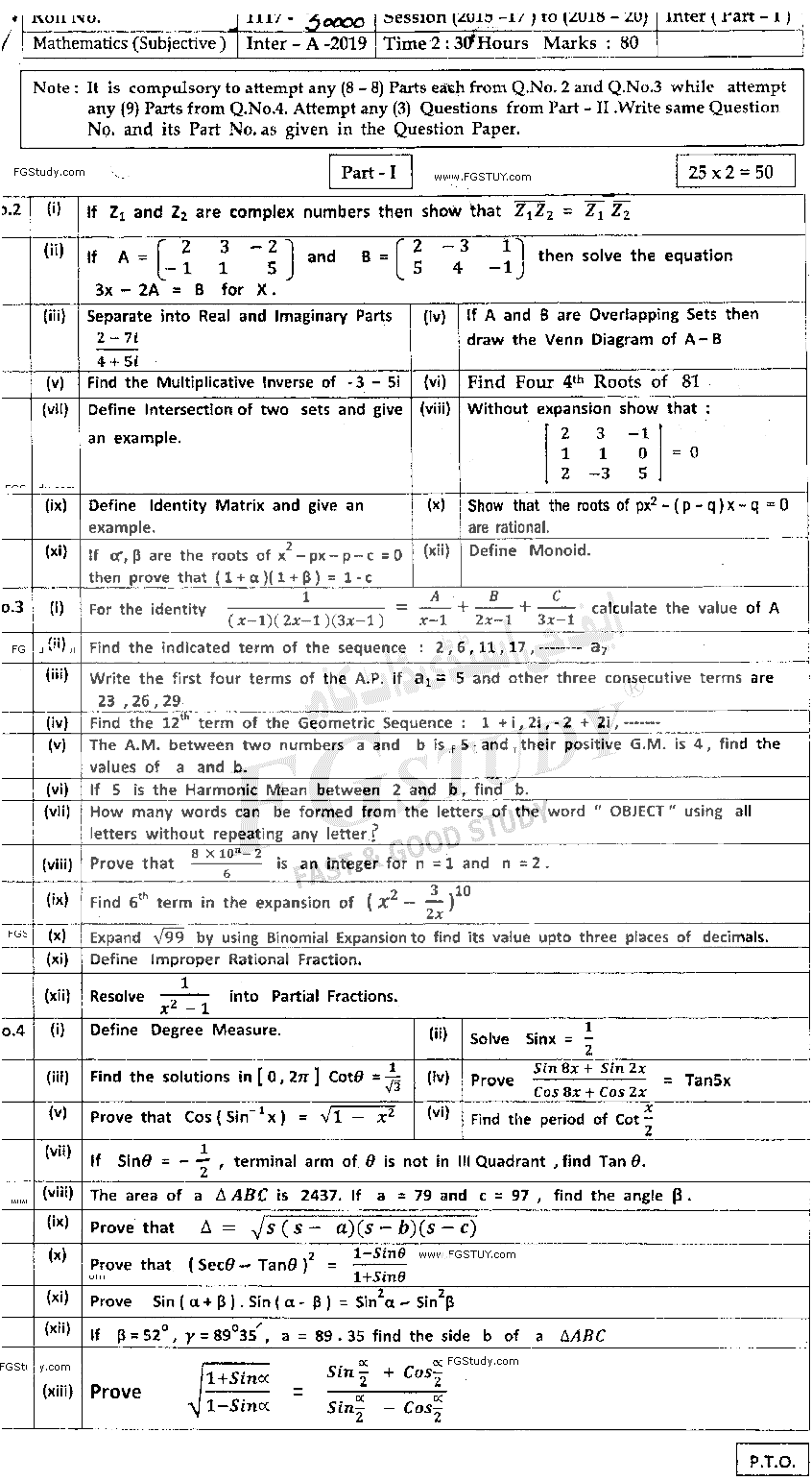 11th Class Mathematics Past Paper 2019 Bahawalpur Board Subjective