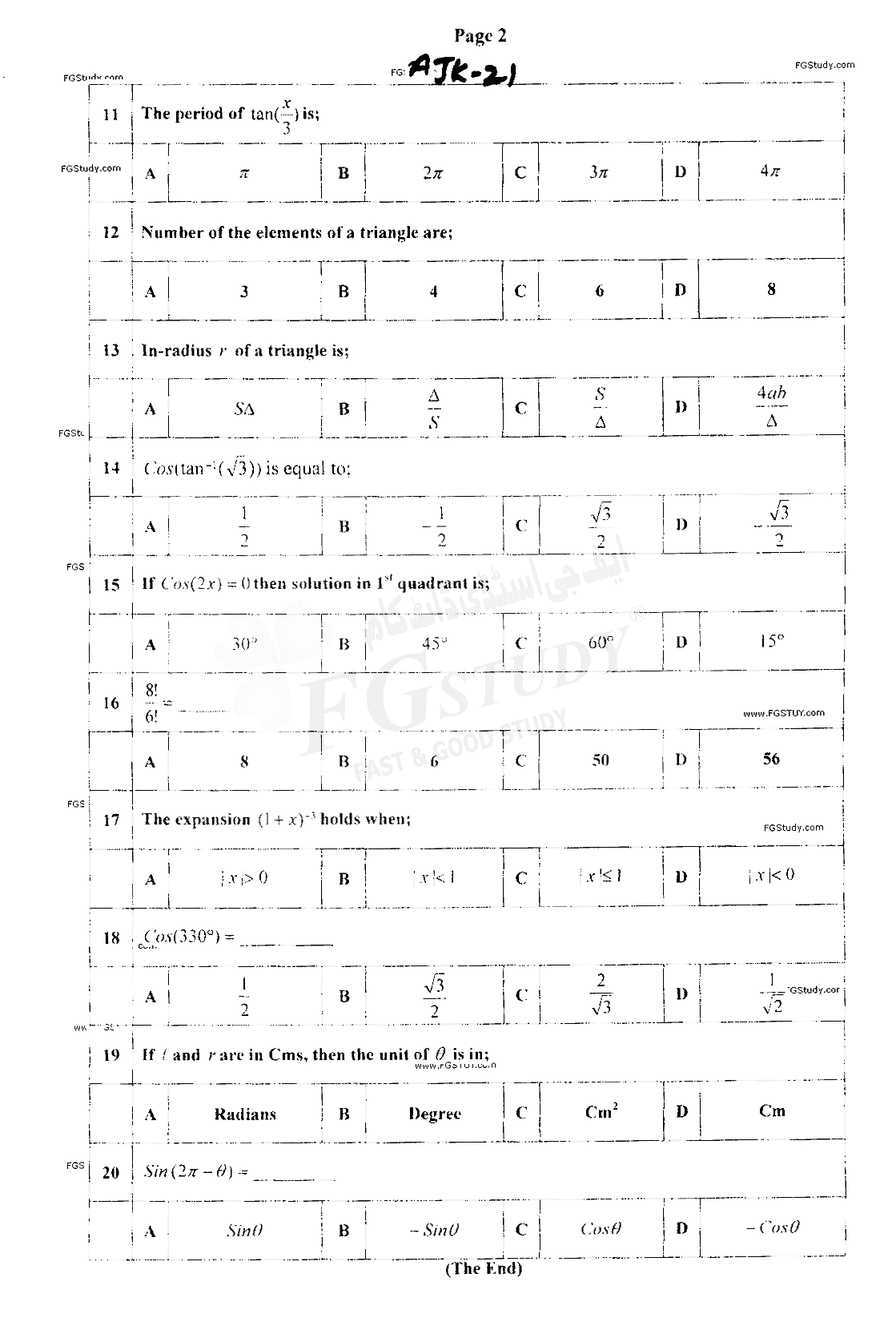 11th Class Mathematics Past Paper 2021 Ajk Board Objective