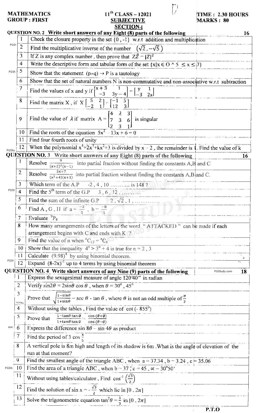 11th Class Mathematics Past Paper 2021 Dg Khan Board Group 1 Subjective