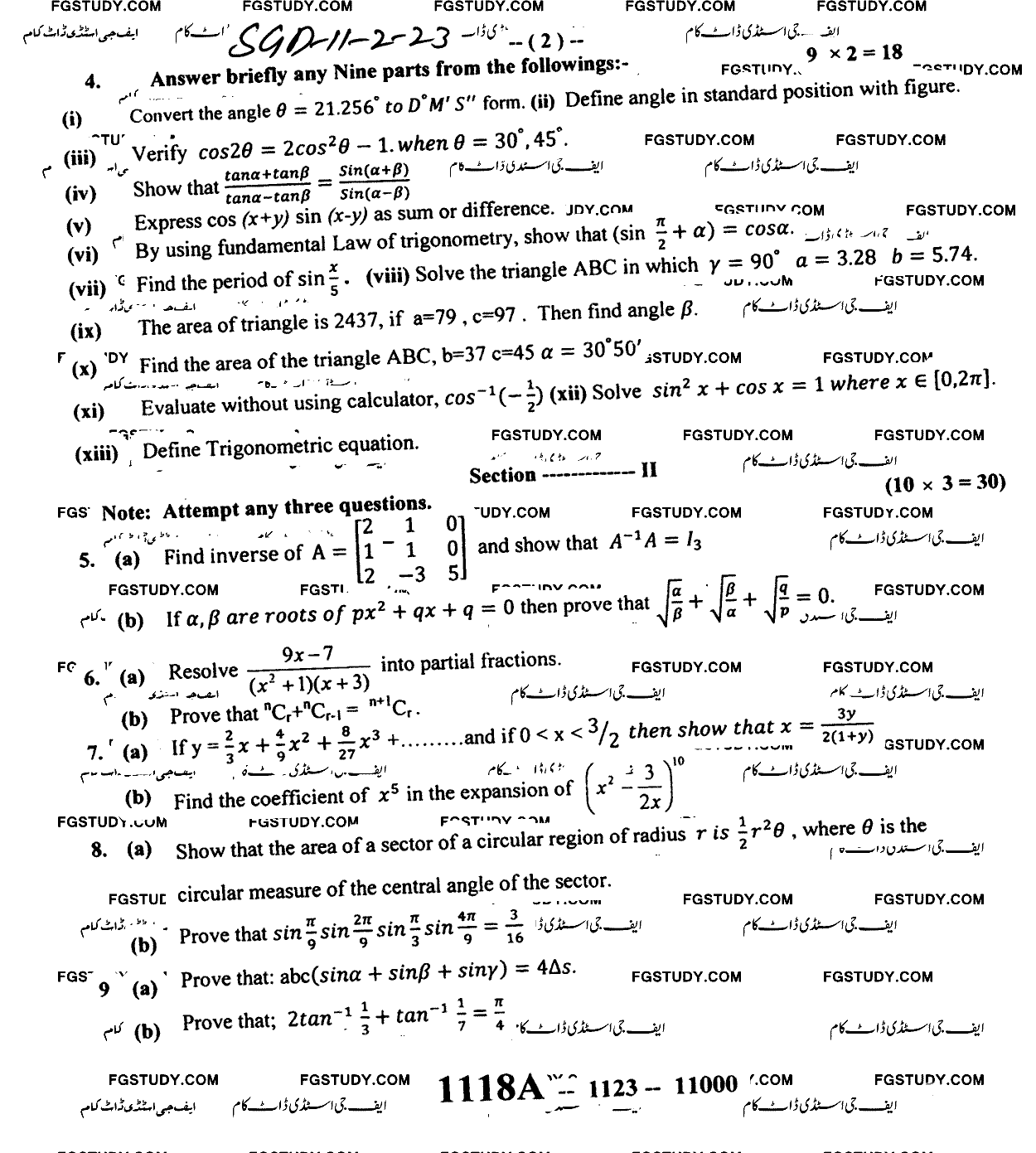 11th Class Mathematics Past Paper 2023 Sargodha Board Group 2 Subjective