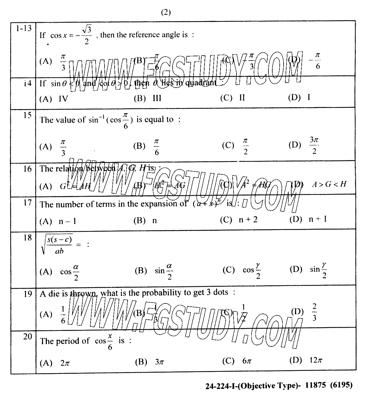 11th Class Mathematics Past Paper 2024 Lahore Board Group 1 Objective