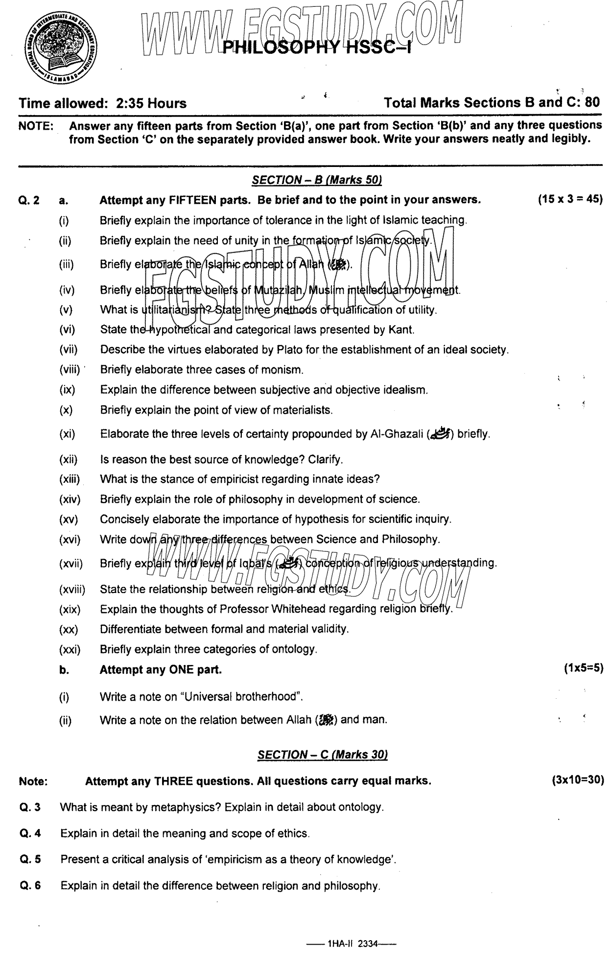11th Class Philosophy Past Paper 2023 Federal Board Islamabad Subjective