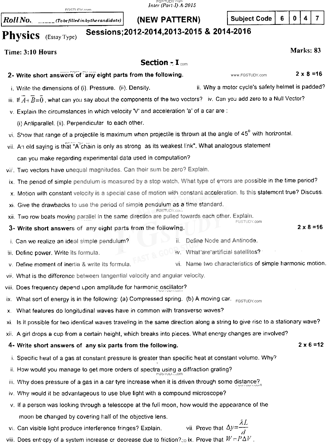 11th Class Physics Past Paper 2015 Rawalpindi Board Subjective