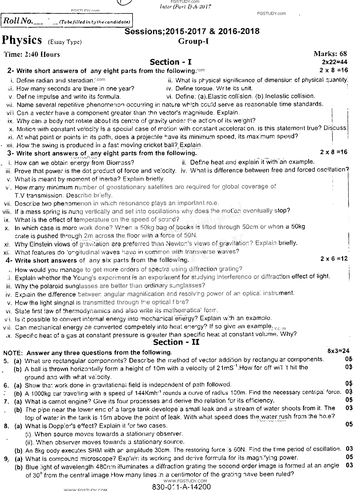 11th Class Physics Past Paper 2017 Rawalpindi Board Group 1 Subjective