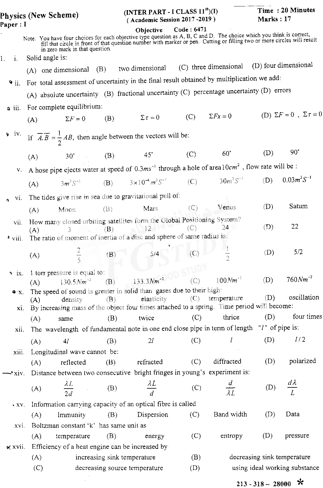 11th Class Physics Past Paper 2018 Sahiwal Board Objective