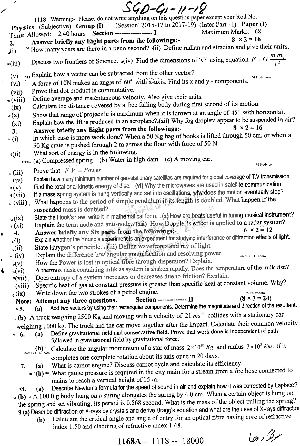 11th Class Physics Past Paper 2018 Sargodha Board Group 1 Subjective