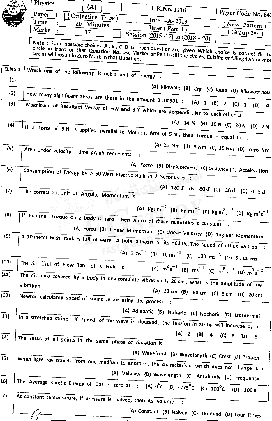 11th Class Physics Past Paper 2019 Bahawalpur Board Group 2 Objective