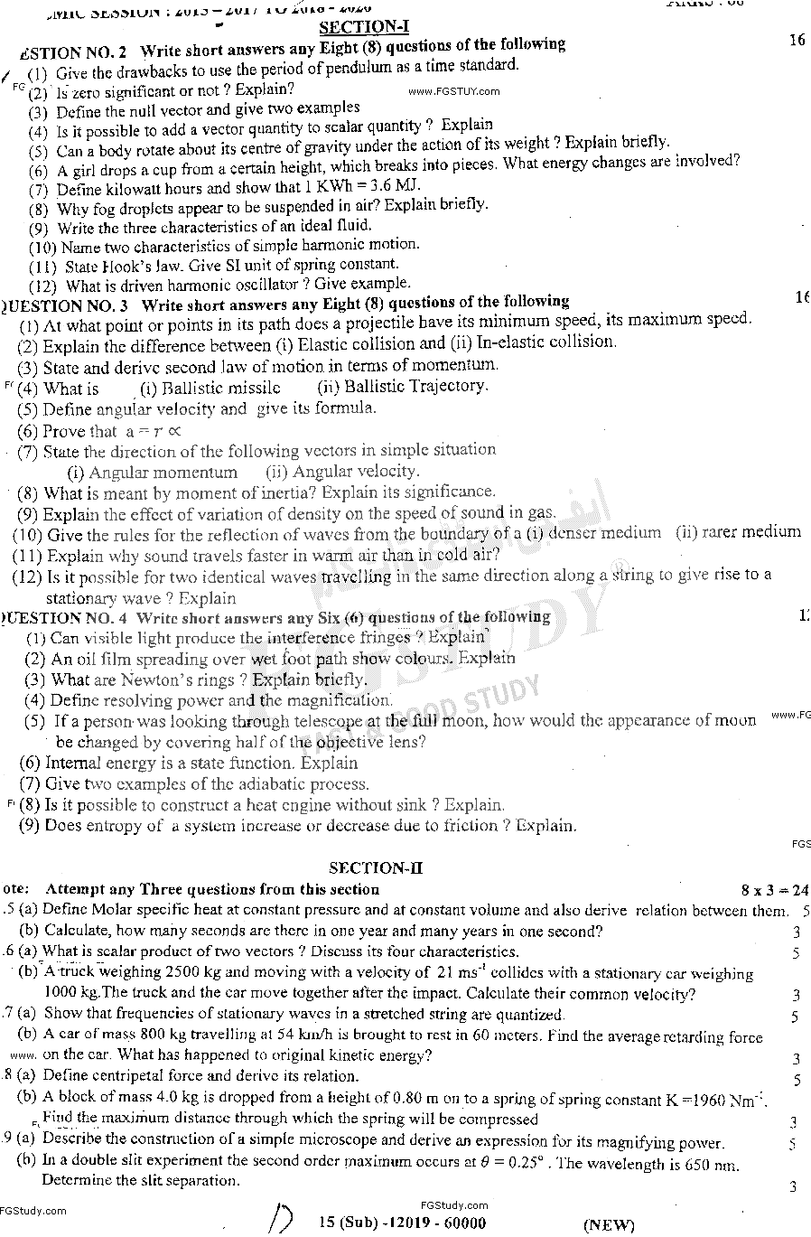 11th Class Physics Past Paper 2019 Dg Khan Board Group 1 Subjective