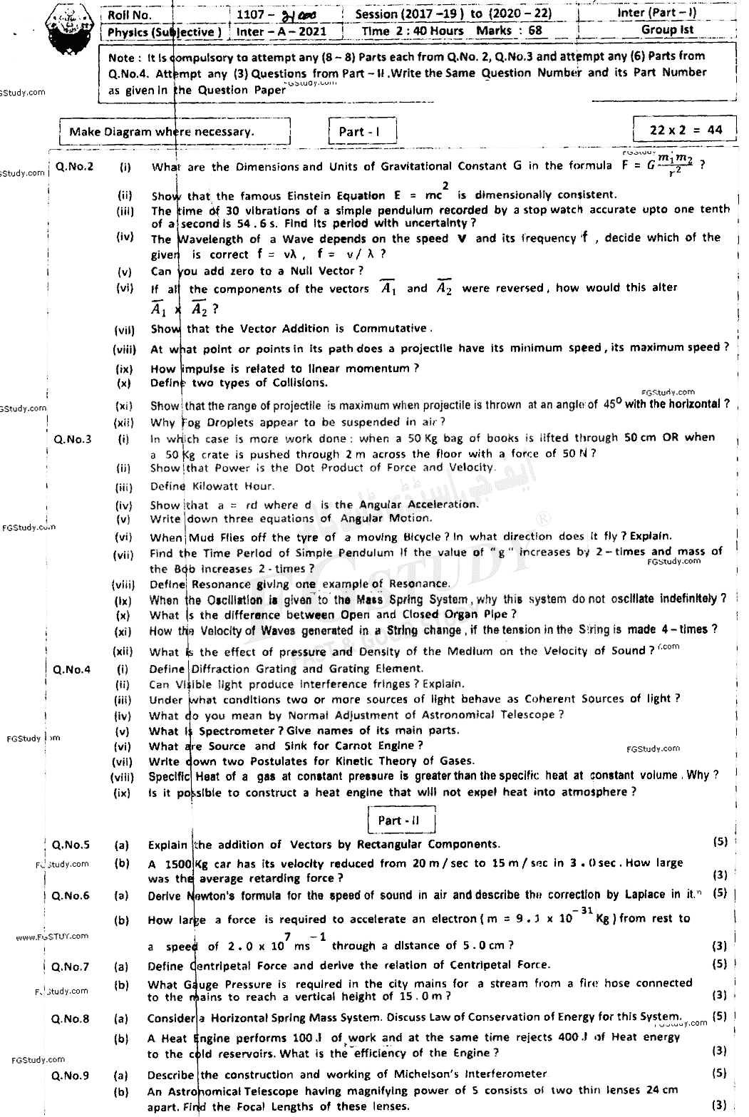 11th Class Physics Past Paper 2021 Bahawalpur Board Group 1 Subjective
