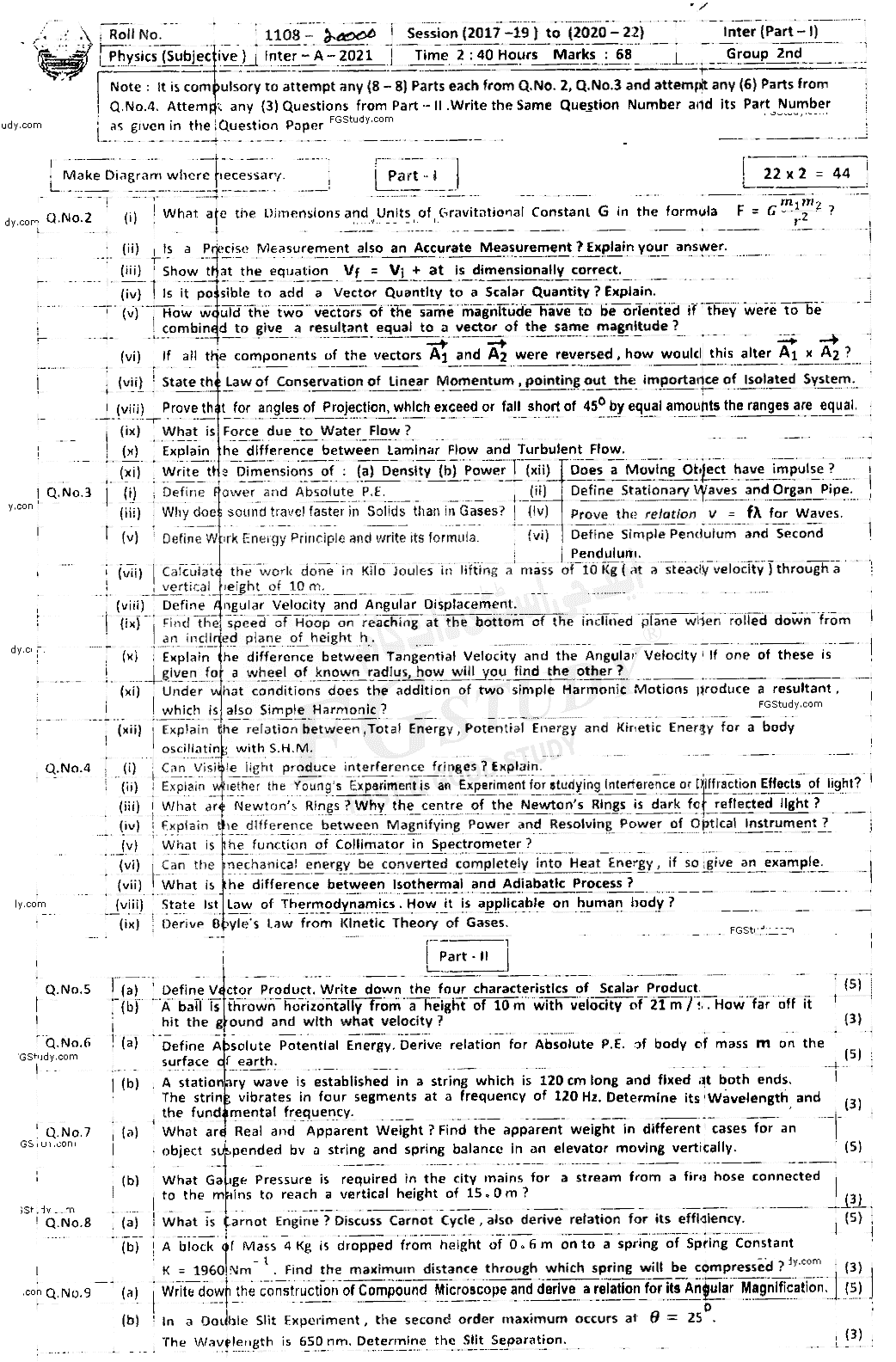11th Class Physics Past Paper 2021 Bahawalpur Board Group 2 Subjective