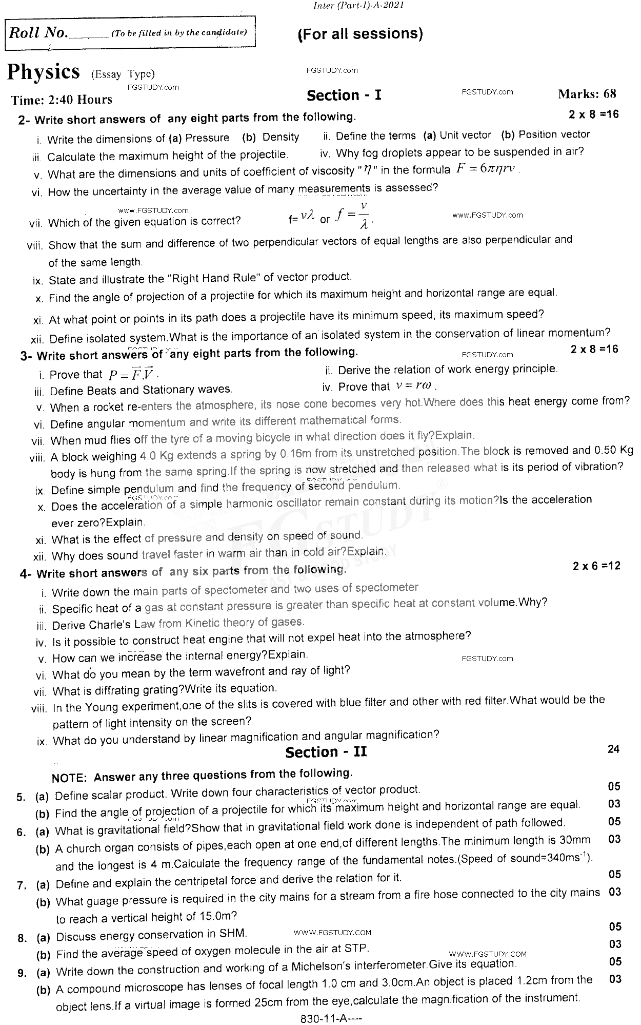 11th Class Physics Past Paper 2021 Rawalpindi Board Subjective