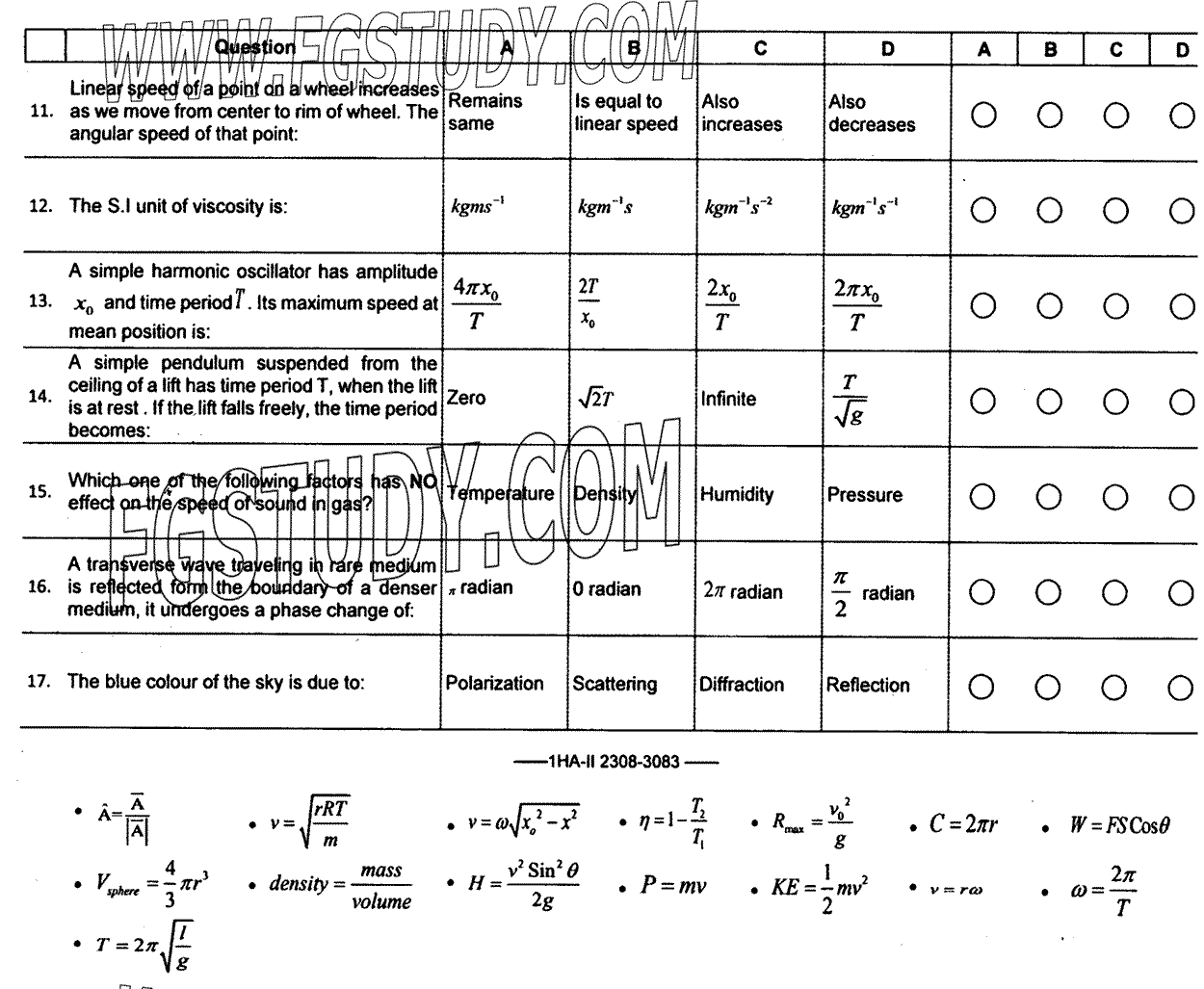 11th Class Physics Past Paper 2023 Federal Board Islamabad Objective