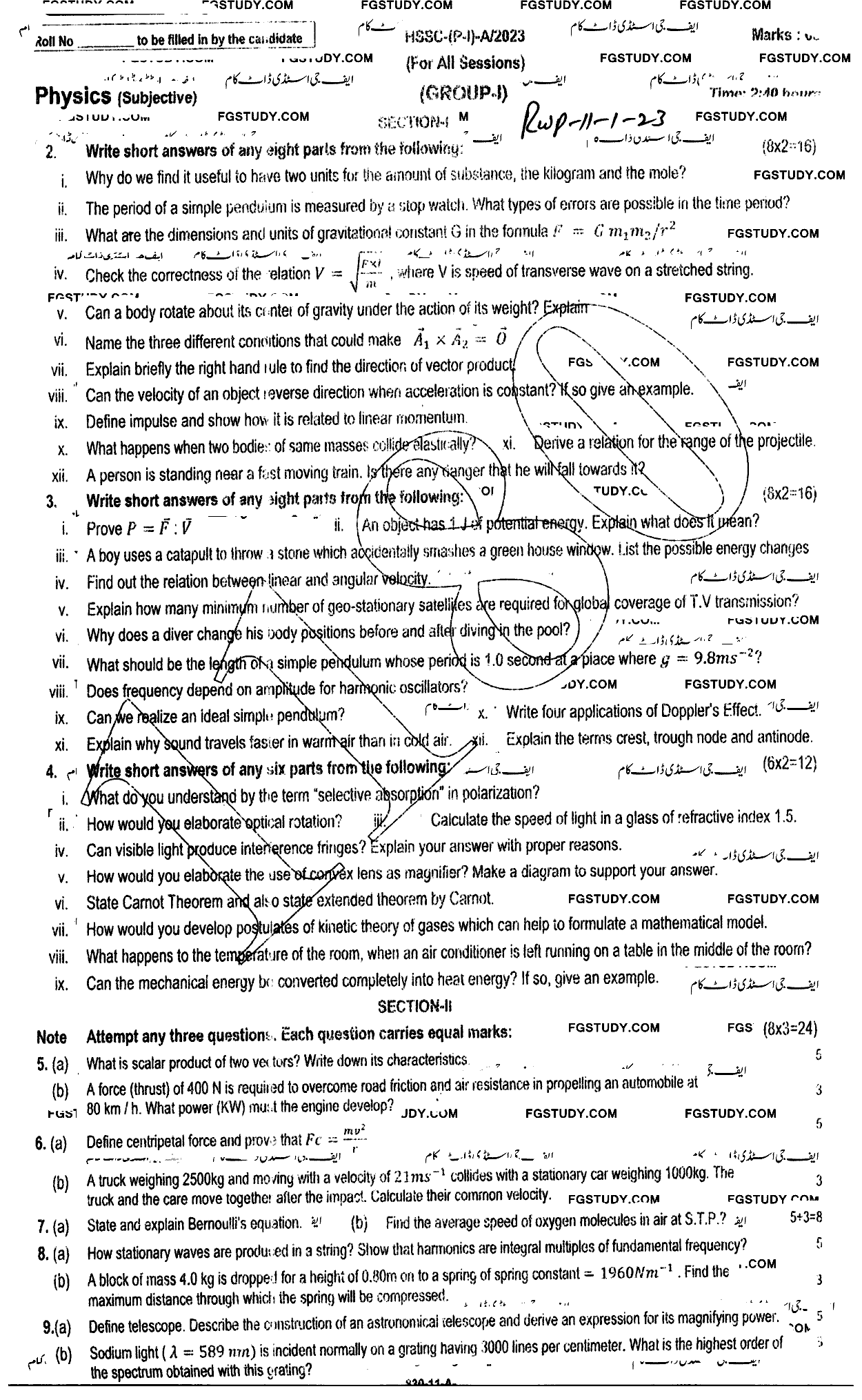 11th Class Physics Past Paper 2023 Rawalpindi Board Group 1 Subjective