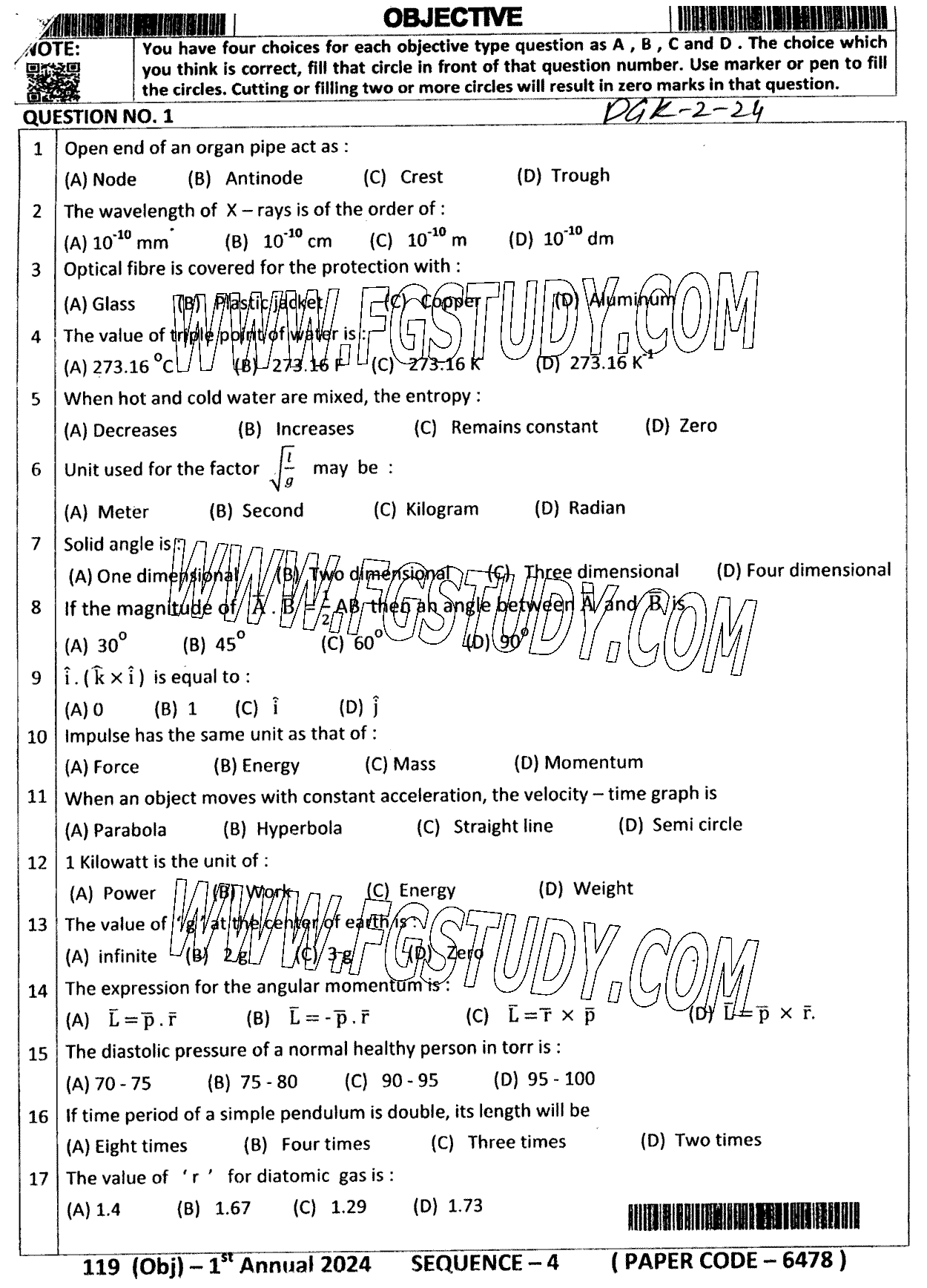 11th Class Physics Past Paper 2024 Dg Khan Board Group 2 Objective
