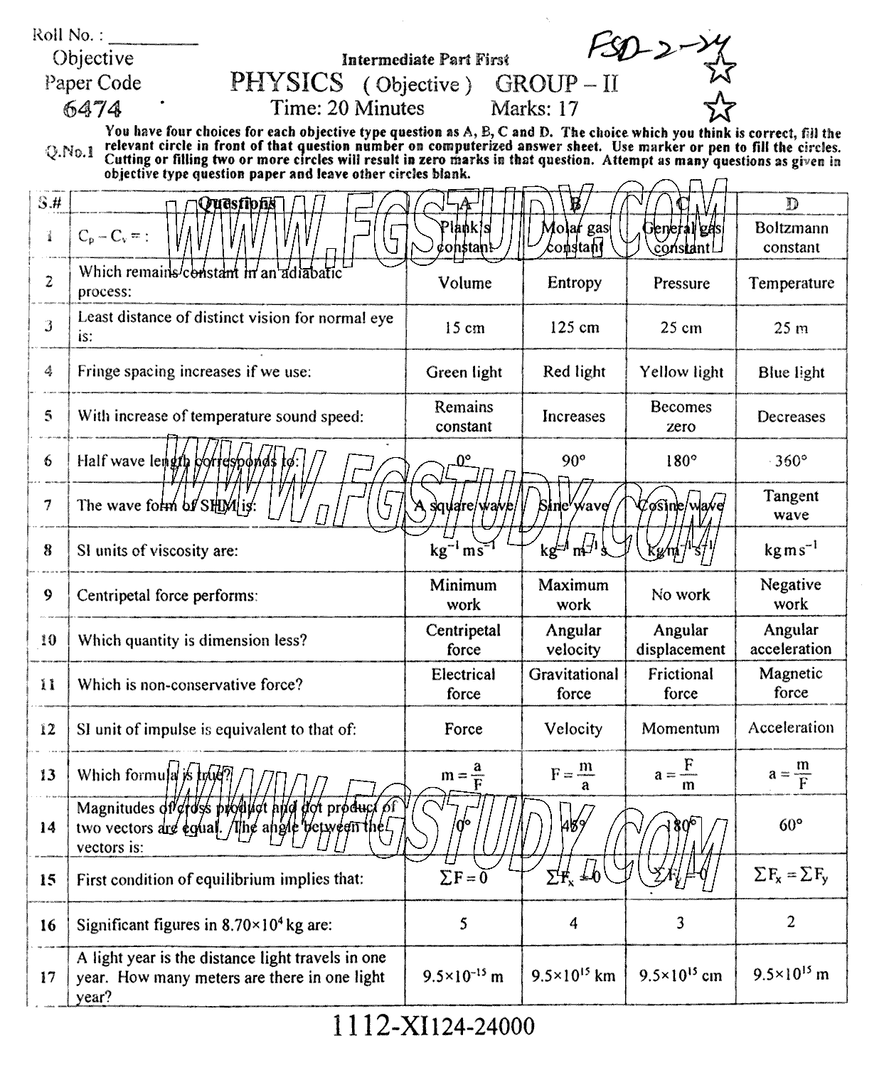 11th Class Physics Past Paper 2024 Faisalabad Board Group 2 Objective