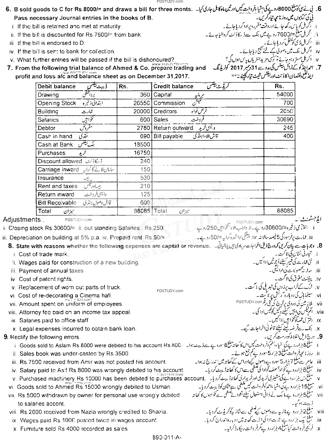 11th Class Principles Of Accounting Past Paper 2019 Rawalpindi Board Subjective