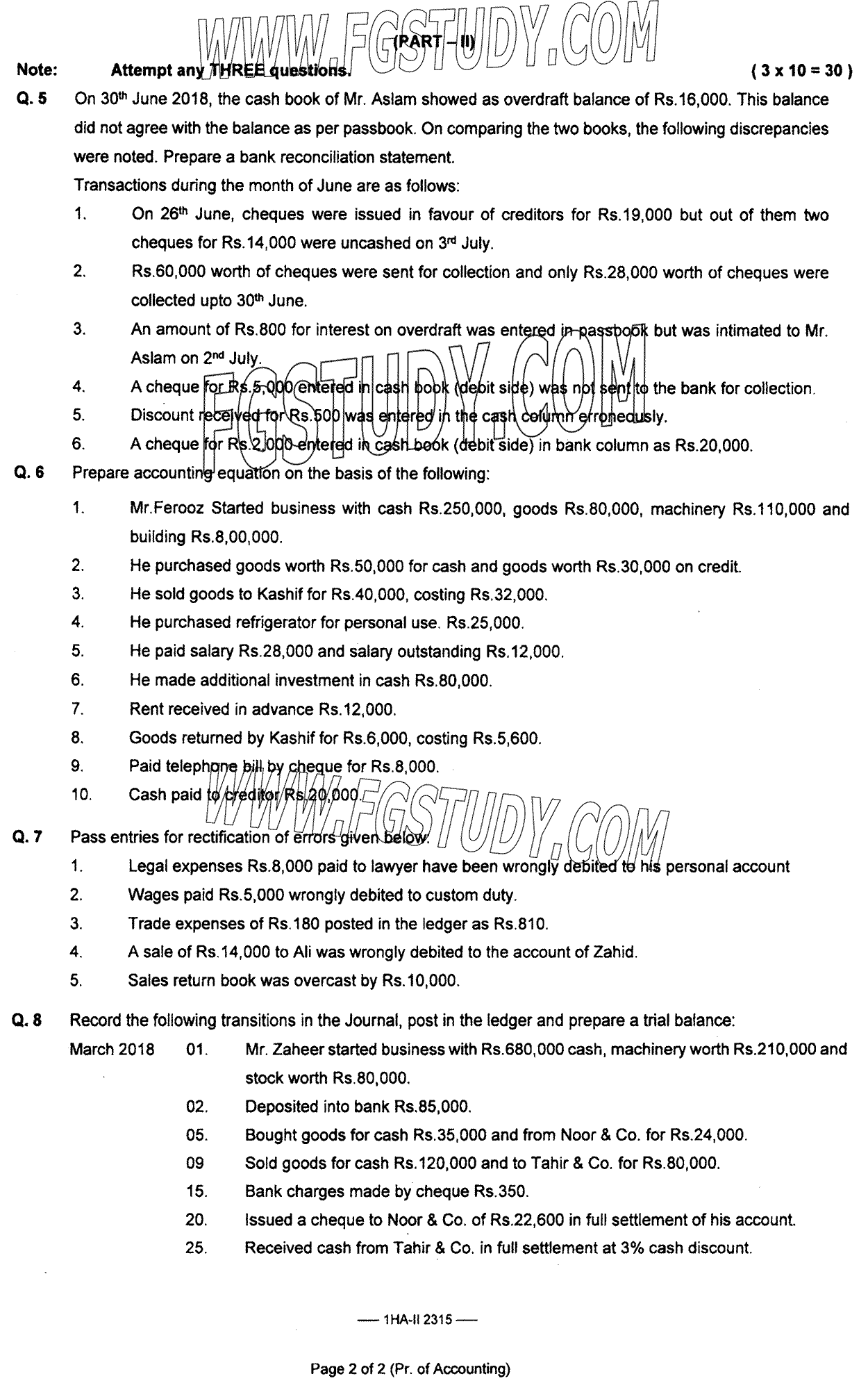 11th Class Principles Of Accounting Past Paper 2023 Federal Board Islamabad Subjective