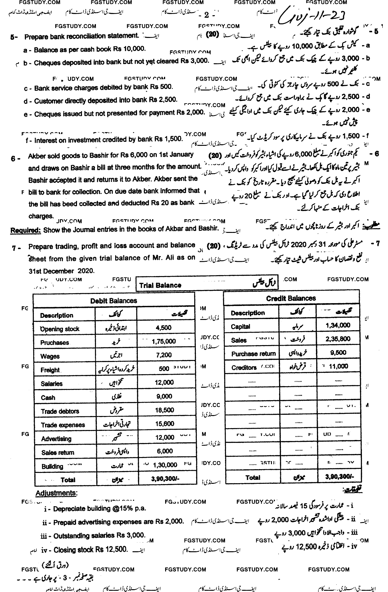 11th Class Principles Of Accounting Past Paper 2023 Gujranwala Board Subjective
